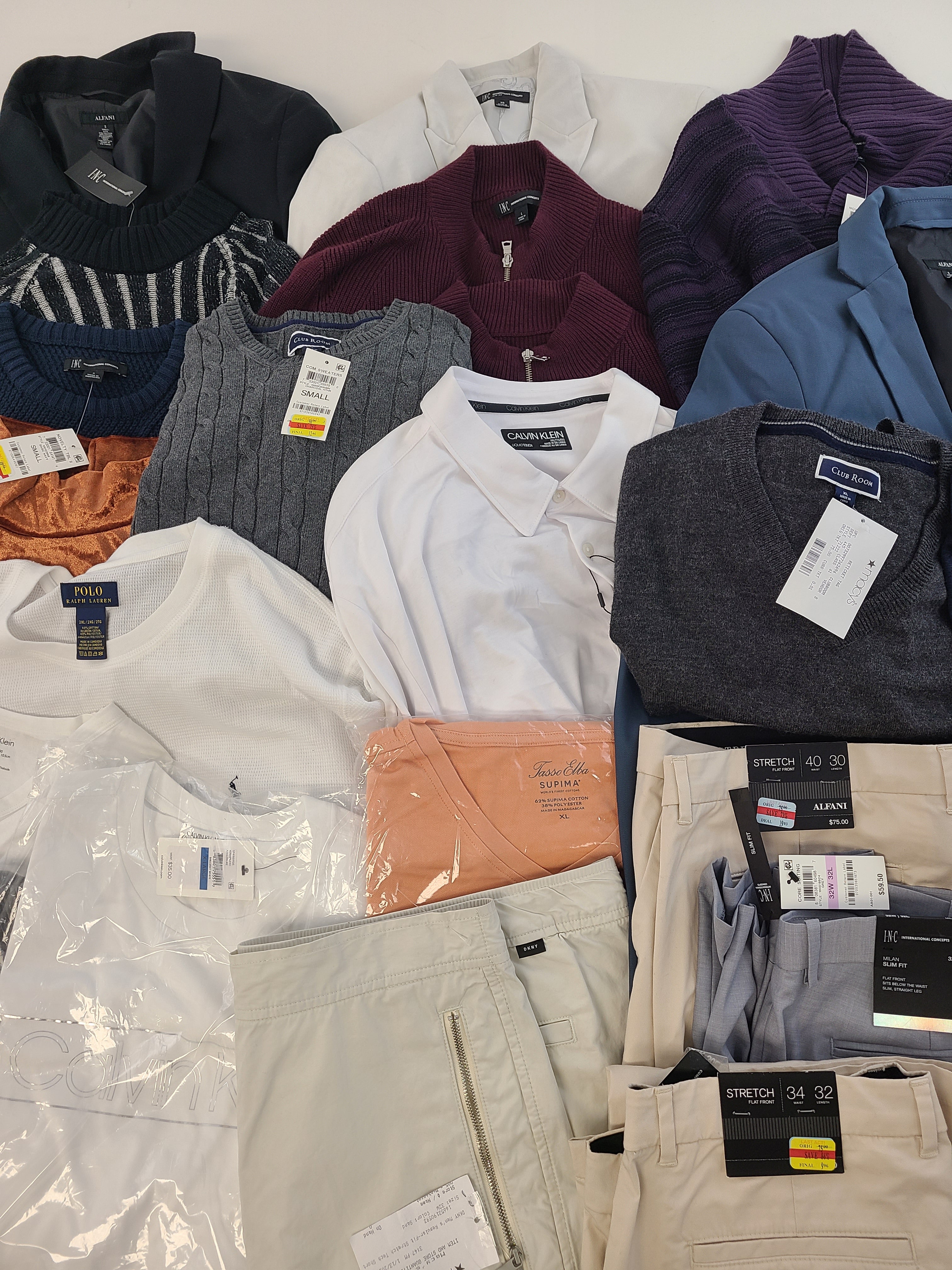 Men's Clothing Wholesale Lot POLO RALPH LAUREN, CALVIN KLEIN, DKNY, Tasso Elba, CLUB ROOM, ALFANI, IDEOLOGY and more, 25 Units, Shelf Pulls, MSRP $1,743