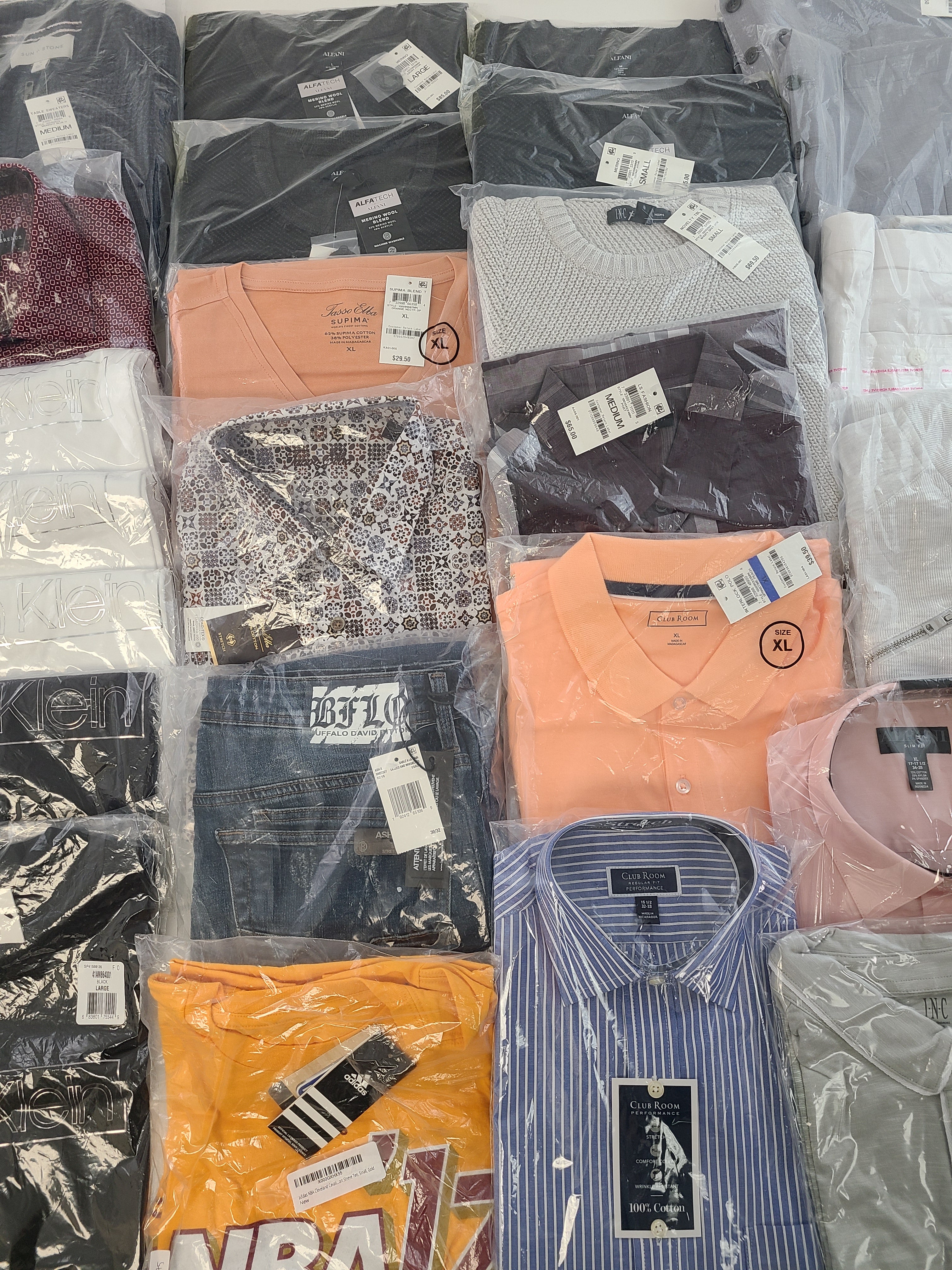 Men's Clothing Wholesale Lot CALVIN KLEIN, ADIDAS, BUFFALO JEANS, Tasso Elba, CLUB ROOM, SOCIETY OF THREADS and more, 27 Units, NEW, MSRP $1,534.97