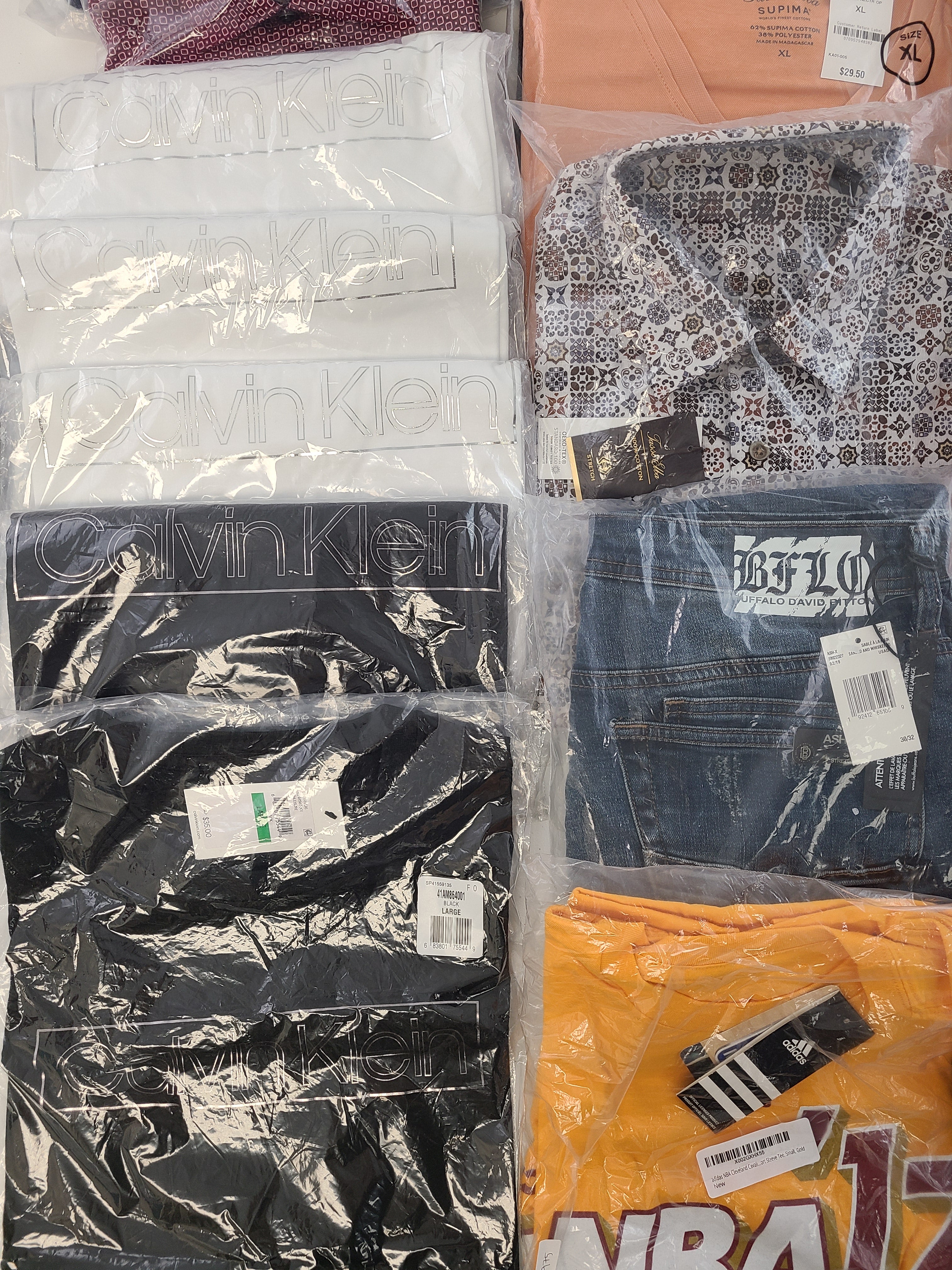 Men's Clothing Wholesale Lot CALVIN KLEIN, ADIDAS, BUFFALO JEANS, Tasso Elba, CLUB ROOM, SOCIETY OF THREADS and more, 27 Units, NEW, MSRP $1,534.97