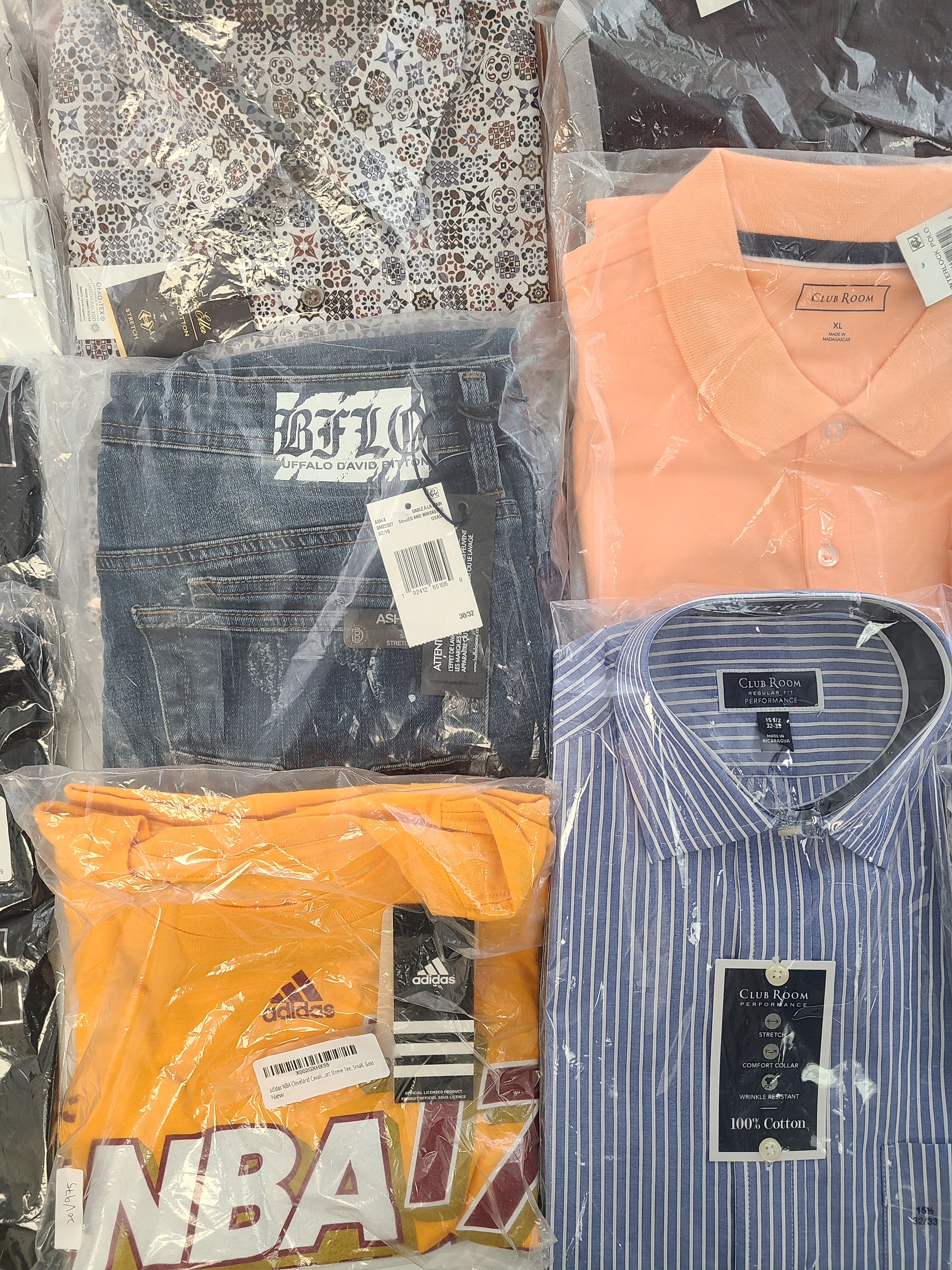 Men's Clothing Wholesale Lot CALVIN KLEIN, ADIDAS, BUFFALO JEANS, Tasso Elba, CLUB ROOM, SOCIETY OF THREADS and more, 27 Units, NEW, MSRP $1,534.97