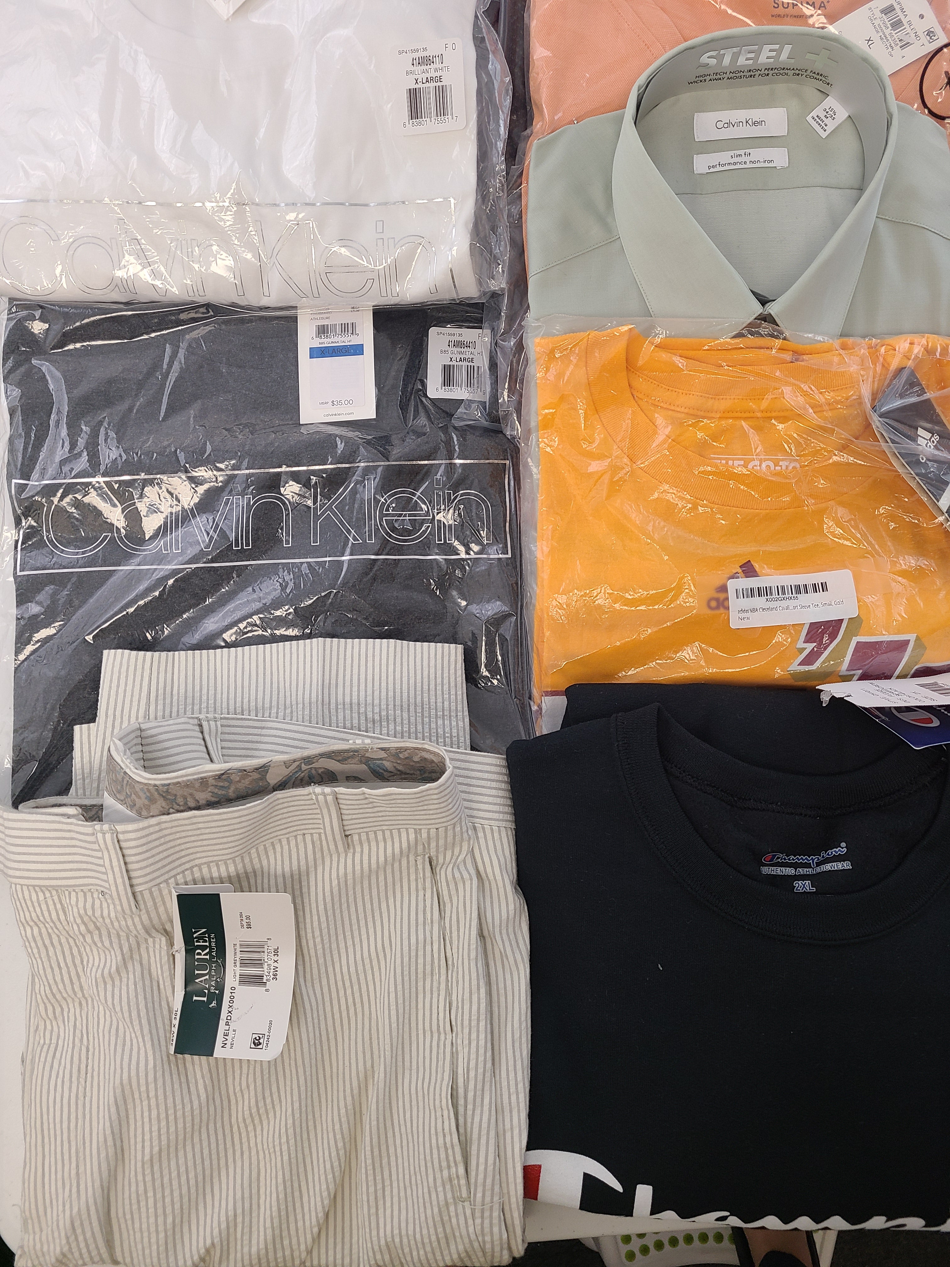 Men's Clothing Wholesale Lot Lauren Ralph Lauren, Adidas, Calvin Klein, Champion, American Apparel and more, 25 Units, Shelf Pulls, MSRP $1,611.48
