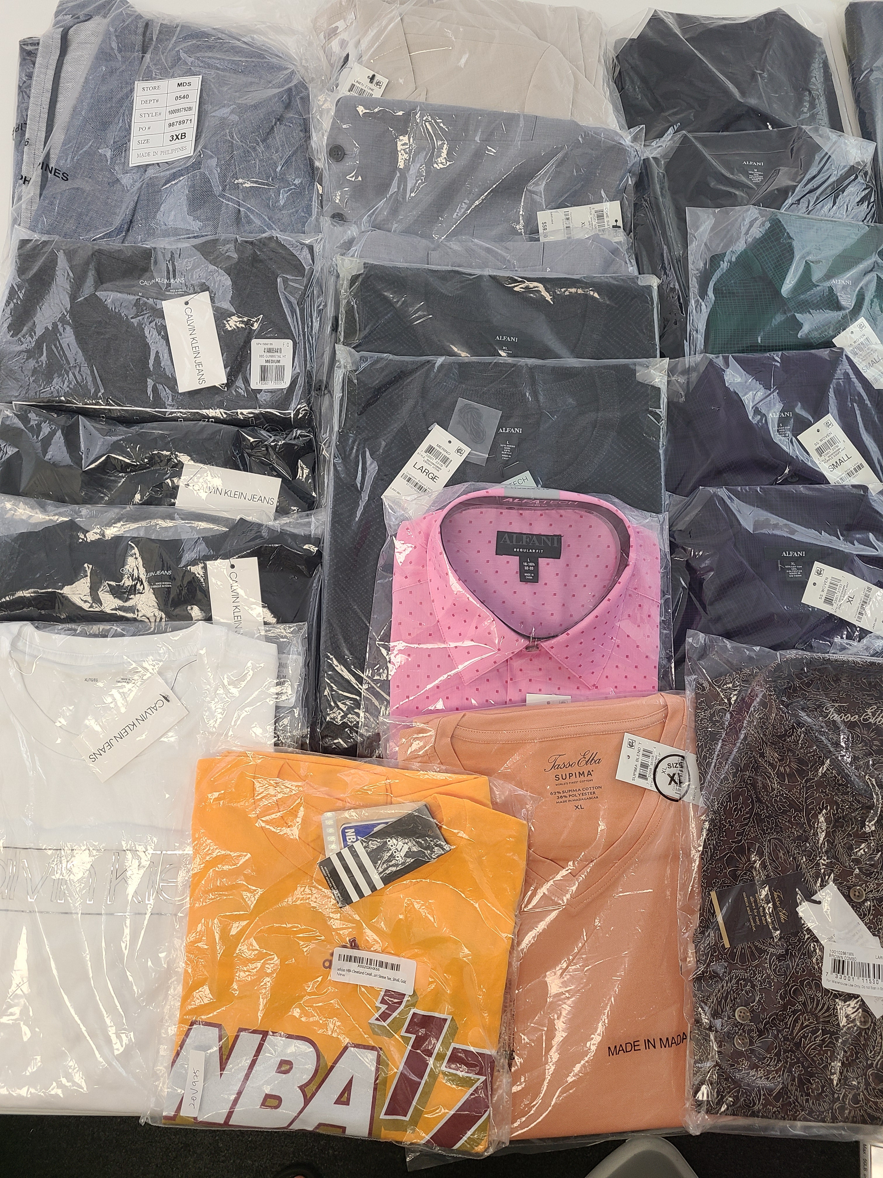 Men's Clothing Wholesale Lot Calvin Klein, Adidas, Tasso Elba, Alfani and more, 25 Units, New, MSRP $1,545.98