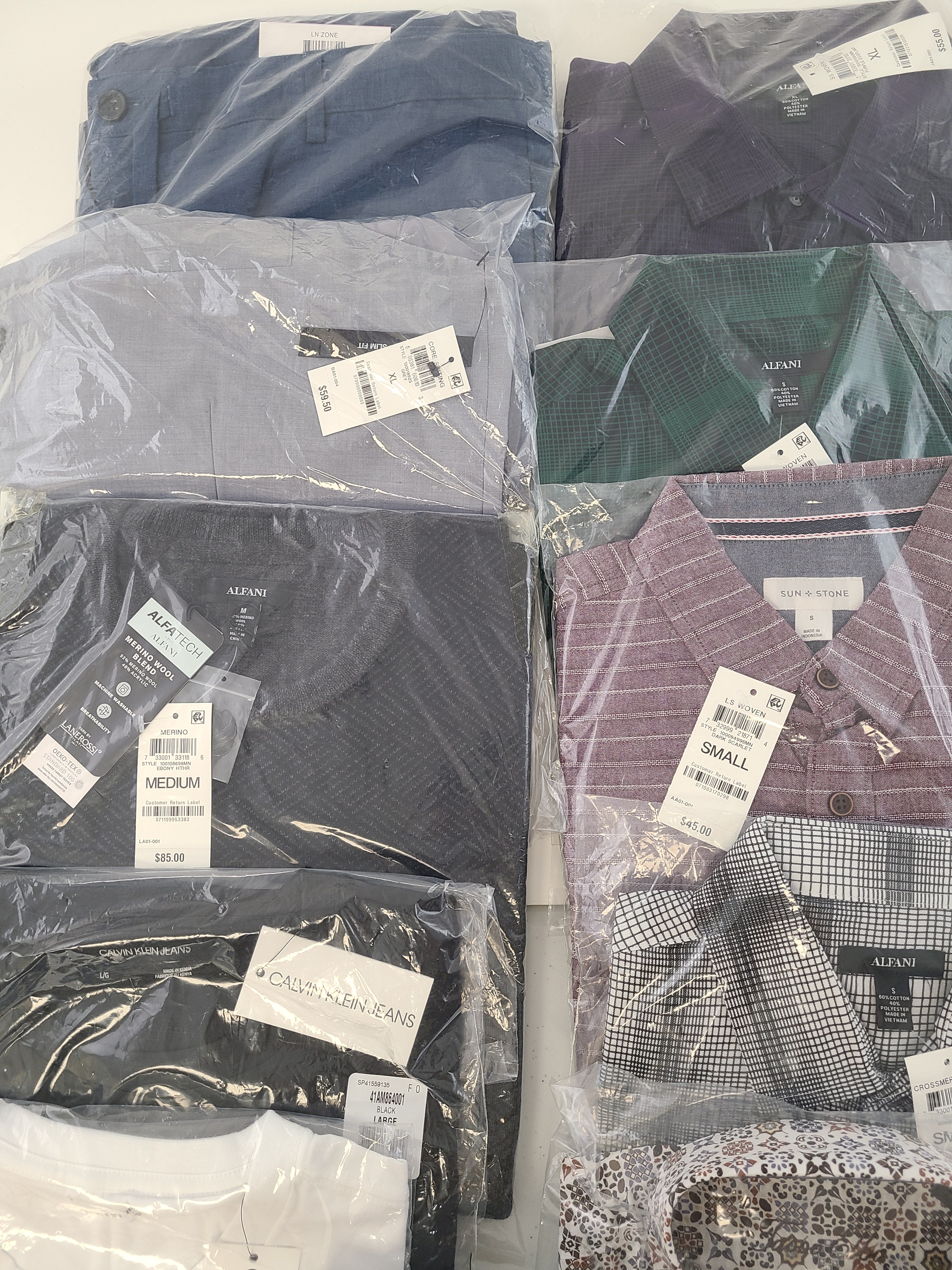 Men's Clothing Wholesale Lot Calvin Klein, Adidas, Under Armour, Tasso Elba, Club Room, Alfani, INC and more, 25 Units, New, MSRP $1,518.99