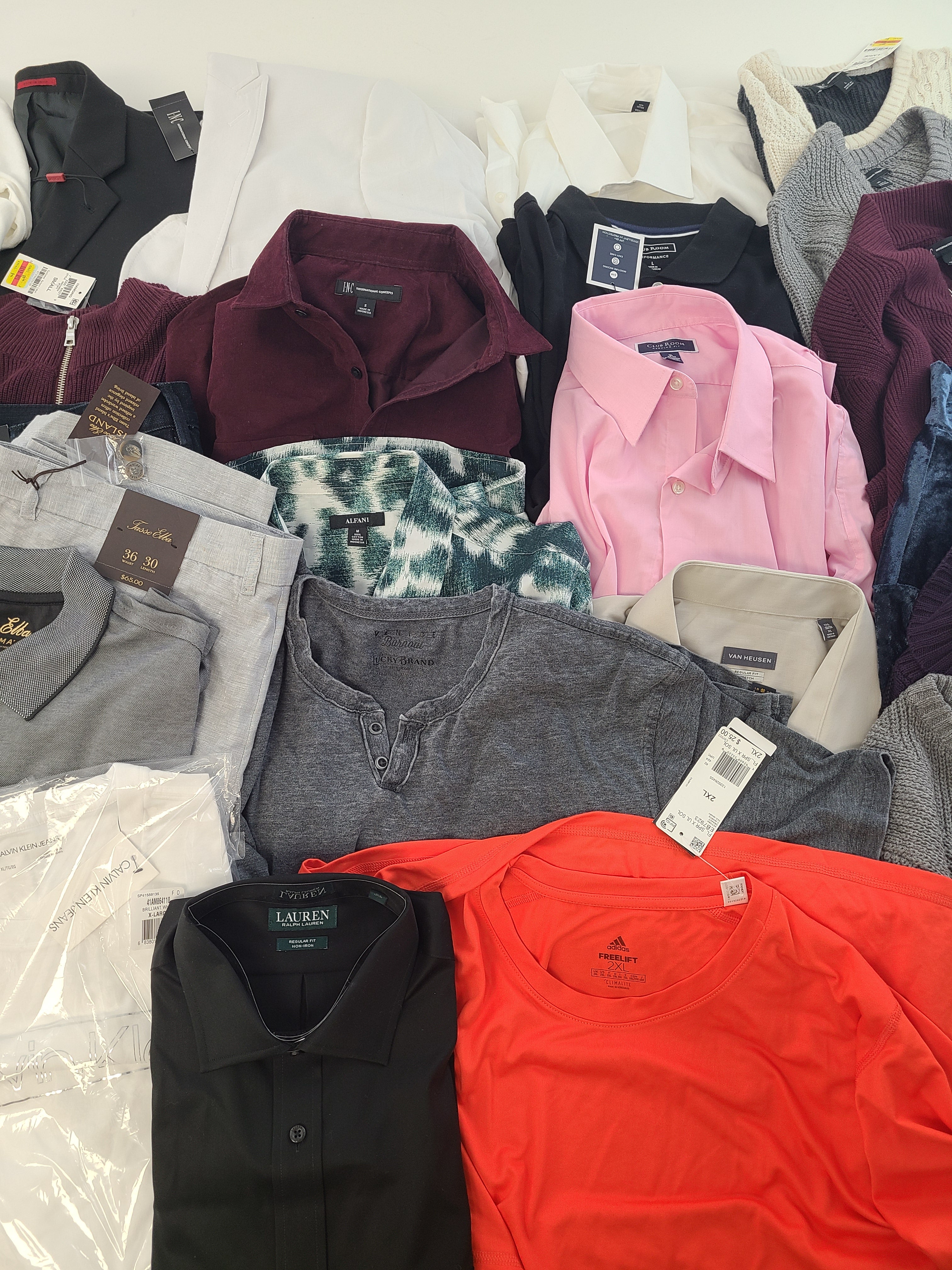 Men's Clothing Wholesale Lot Lauren Ralph Lauren, Calvin Klein, Lucky Brand, Adidas, Tasso Elba, American Apparel, Club Room, INC and more, 25 Units, Shelf Pulls, MSRP $1,801.00