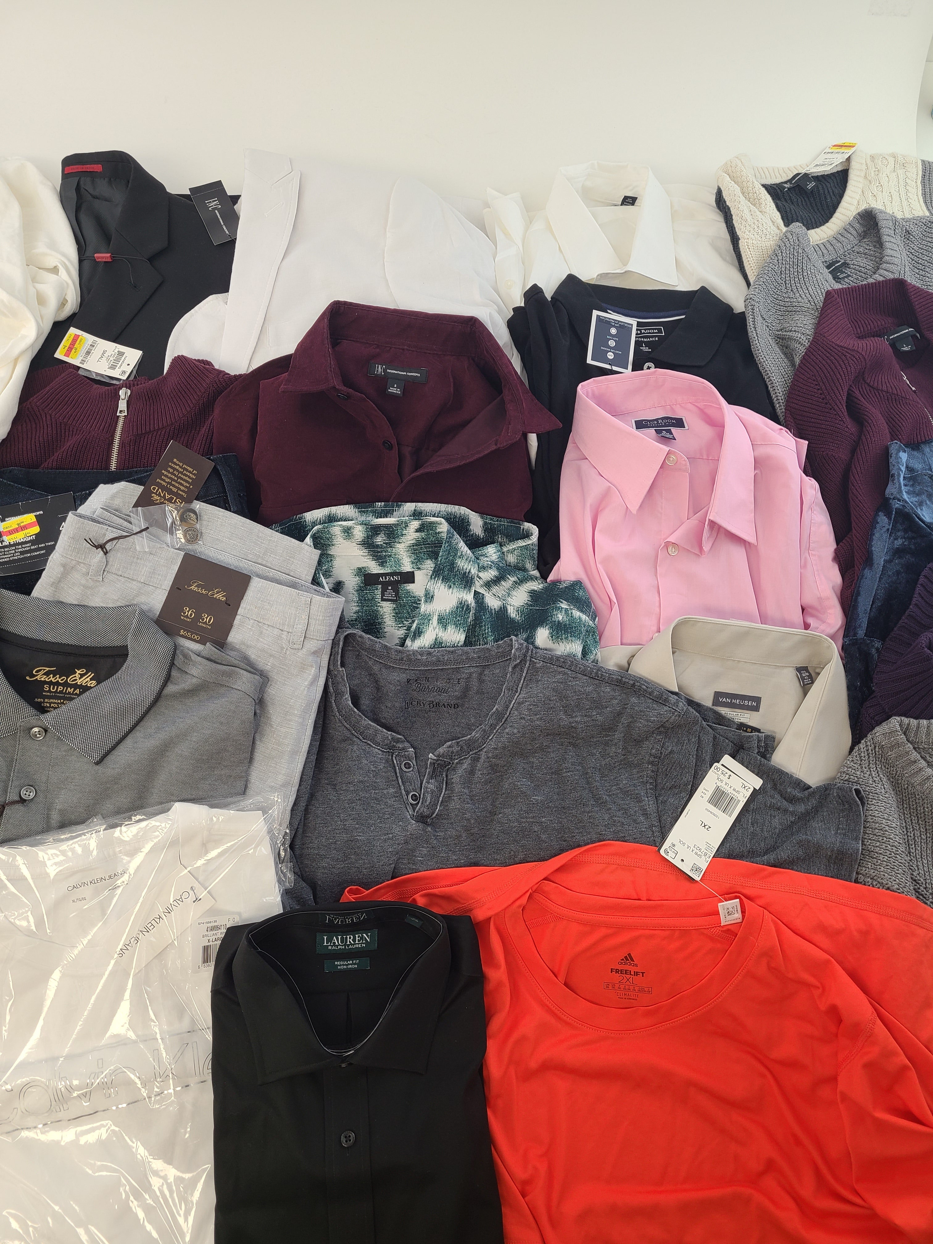 Men's Clothing Wholesale Lot Lauren Ralph Lauren, Calvin Klein, Lucky Brand, Adidas, Tasso Elba, American Apparel, Club Room, INC and more, 25 Units, Shelf Pulls, MSRP $1,801.00