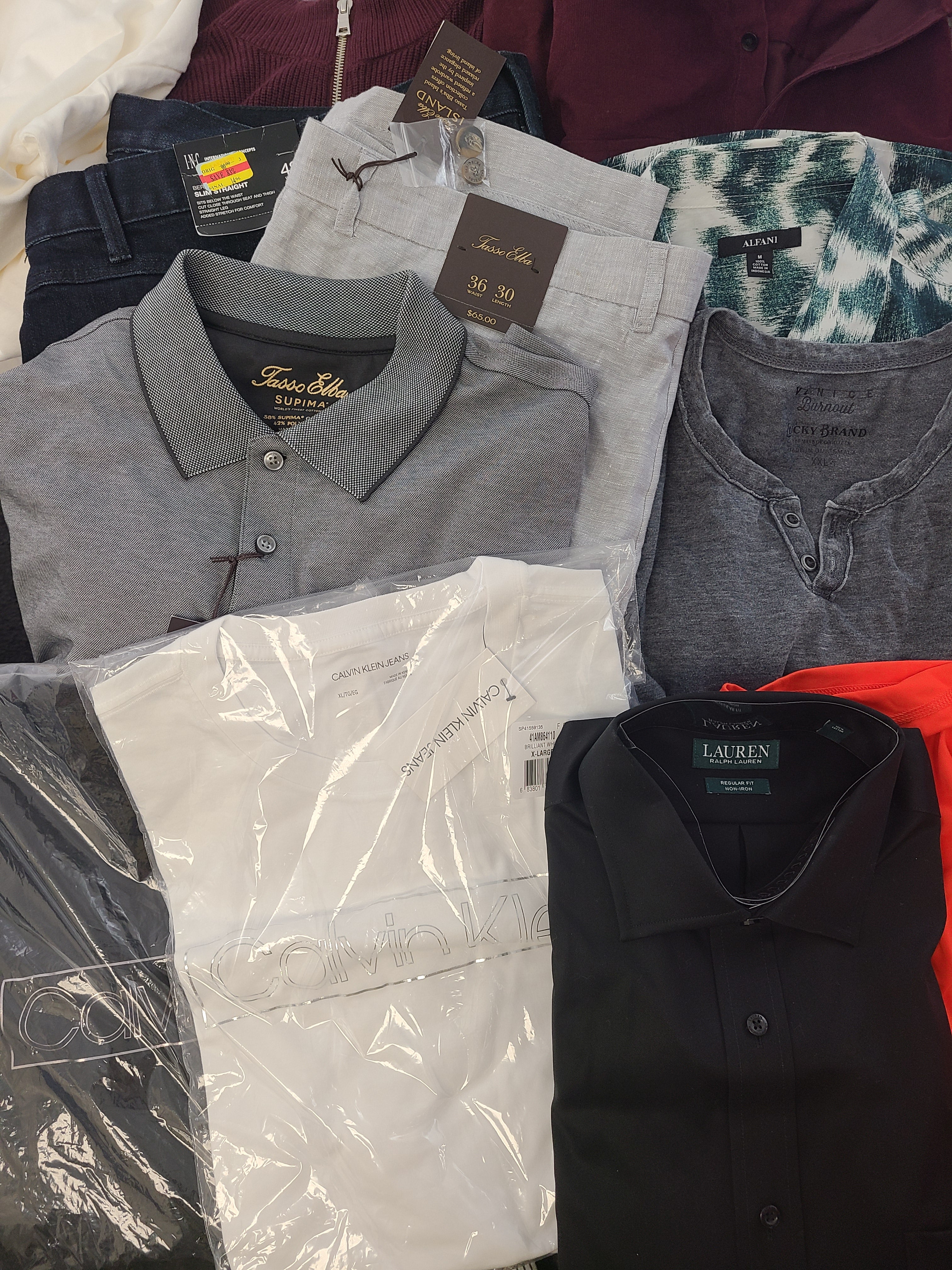 Men's Clothing Wholesale Lot Lauren Ralph Lauren, Calvin Klein, Lucky Brand, Adidas, Tasso Elba, American Apparel, Club Room, INC and more, 25 Units, Shelf Pulls, MSRP $1,801.00
