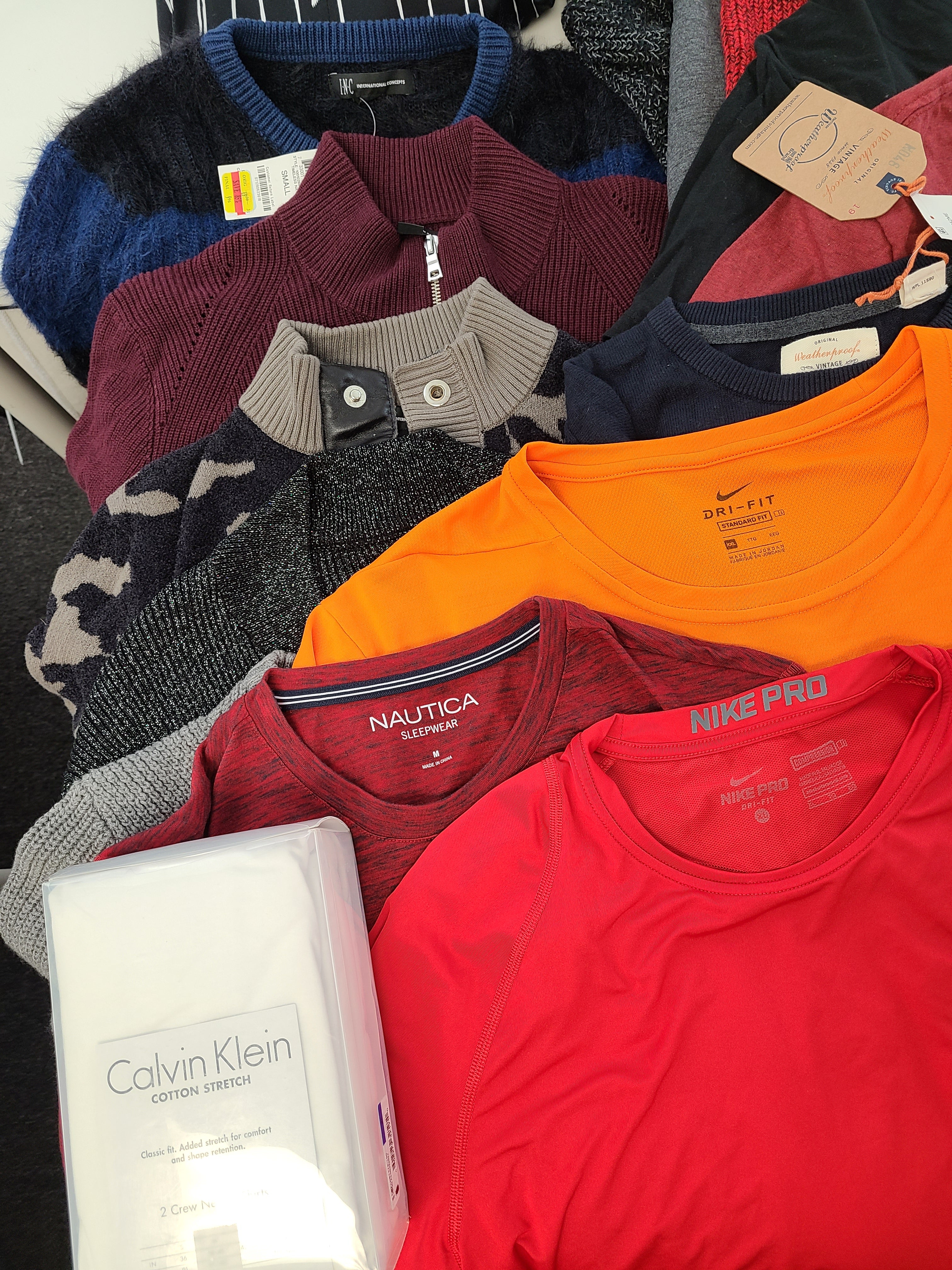 Men's Clothing Wholesale Lot Calvin Klein, Nike, Nautica, Tasso Elba, Weatherproof, American Apparel, Club Room, INC and more, 26 Units, Shelf Pulls, MSRP $1,534.40