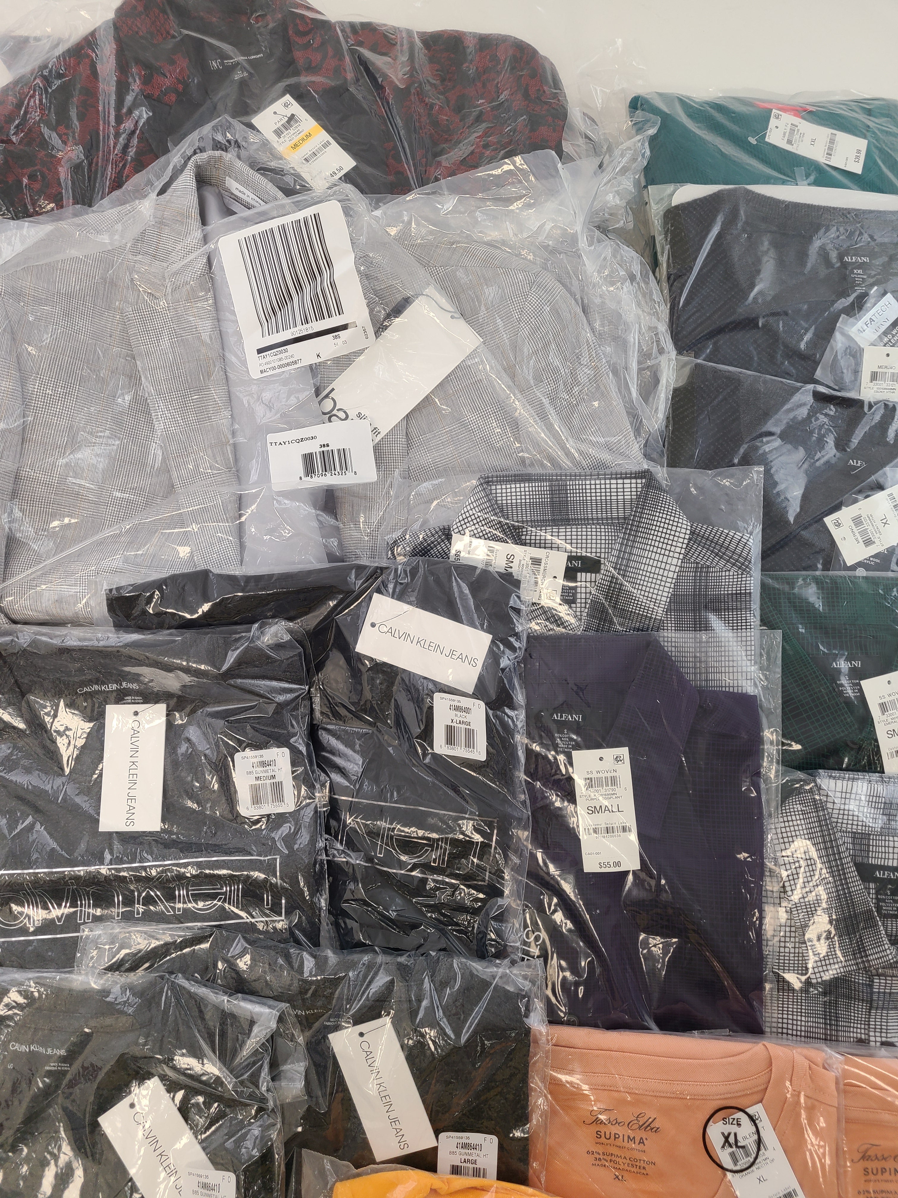 Men's Clothing Wholesale Lot Calvin Klein, Adidas, Tasso Elba, Club Room, Alfani, Bar lll, INC and more, 25 Units, New, MSRP $1,612.48