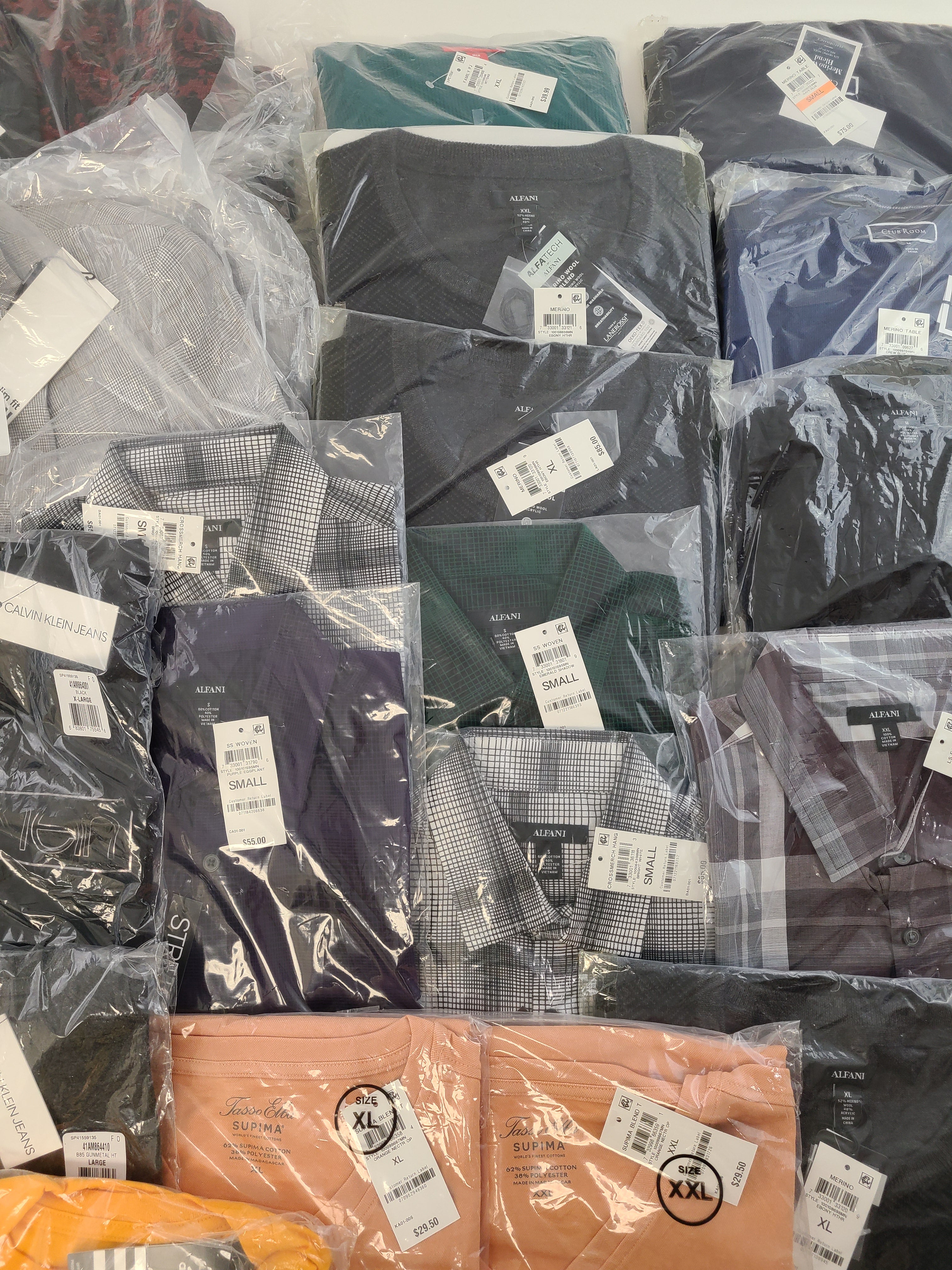 Men's Clothing Wholesale Lot Calvin Klein, Adidas, Tasso Elba, Club Room, Alfani, Bar lll, INC and more, 25 Units, New, MSRP $1,612.48