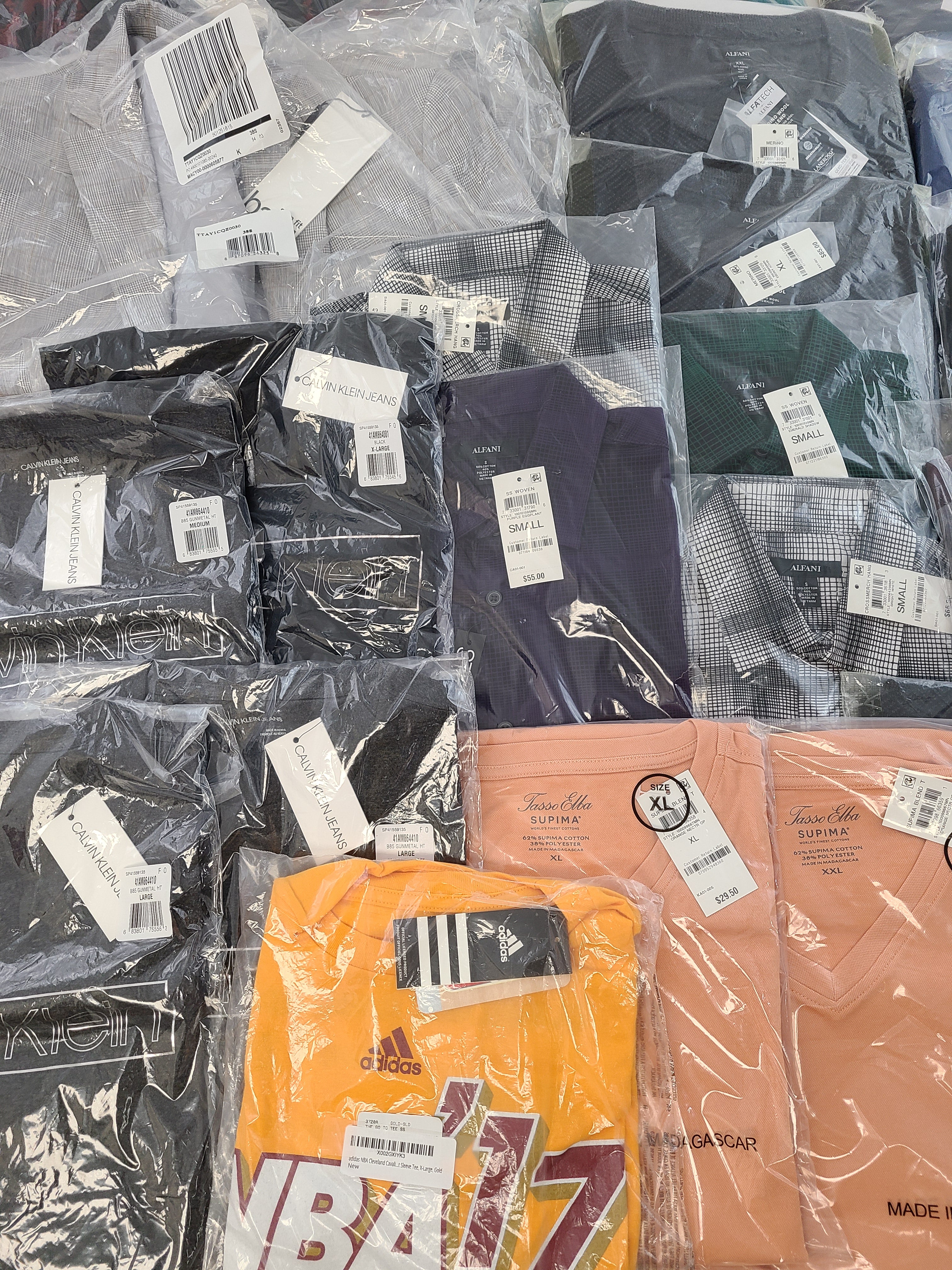 Men's Clothing Wholesale Lot Calvin Klein, Adidas, Tasso Elba, Club Room, Alfani, Bar lll, INC and more, 25 Units, New, MSRP $1,612.48