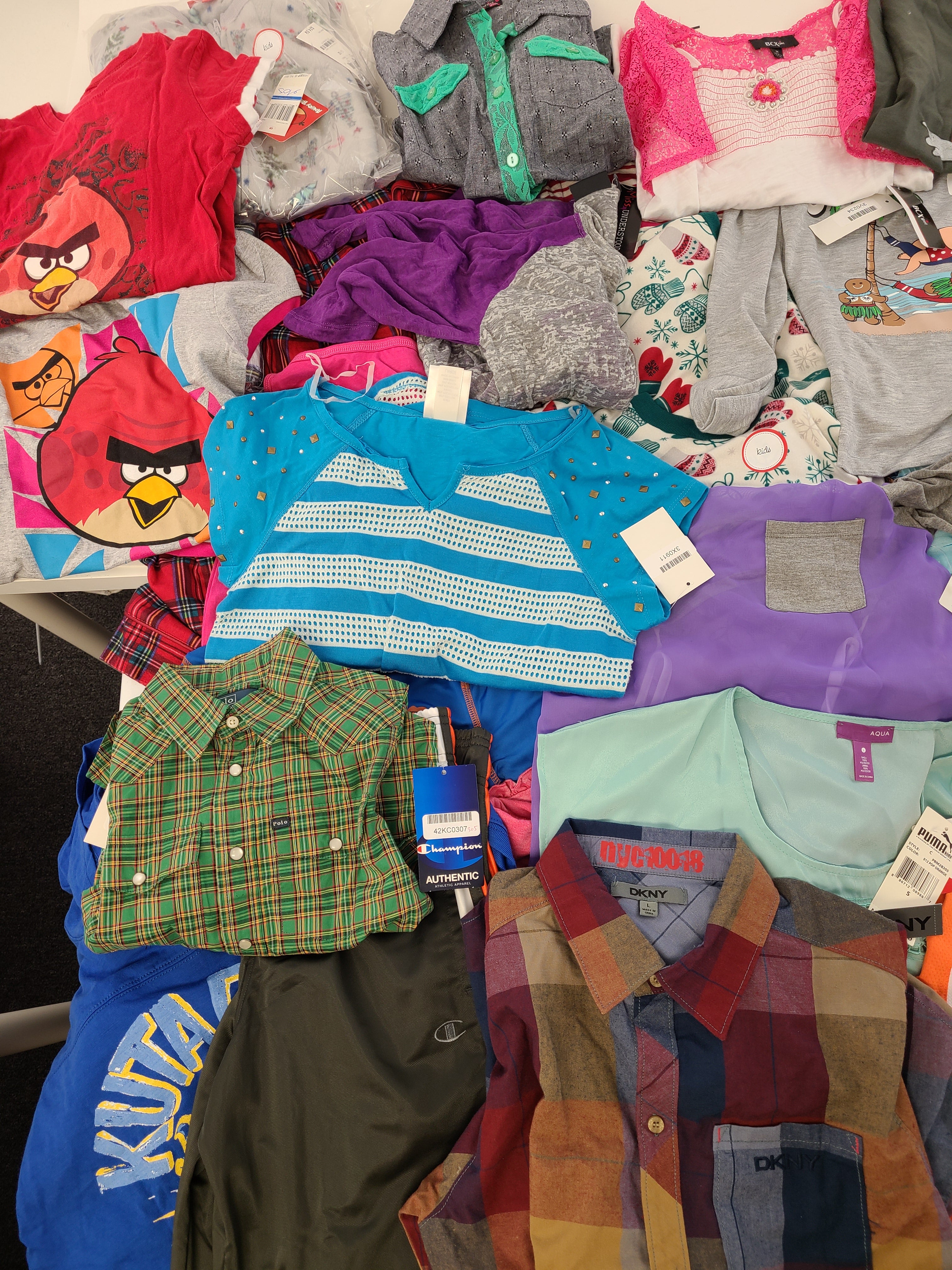 Kid's Clothing Wholesale Lot Polo Ralph Lauren, Lucky Brand, DKNY, Puma, Champion, American Apparel, Angry Birds, Aqua, Jessica Simpson, Tempted and more, 35 Units, Shelf Pulls, MSRP $997.76