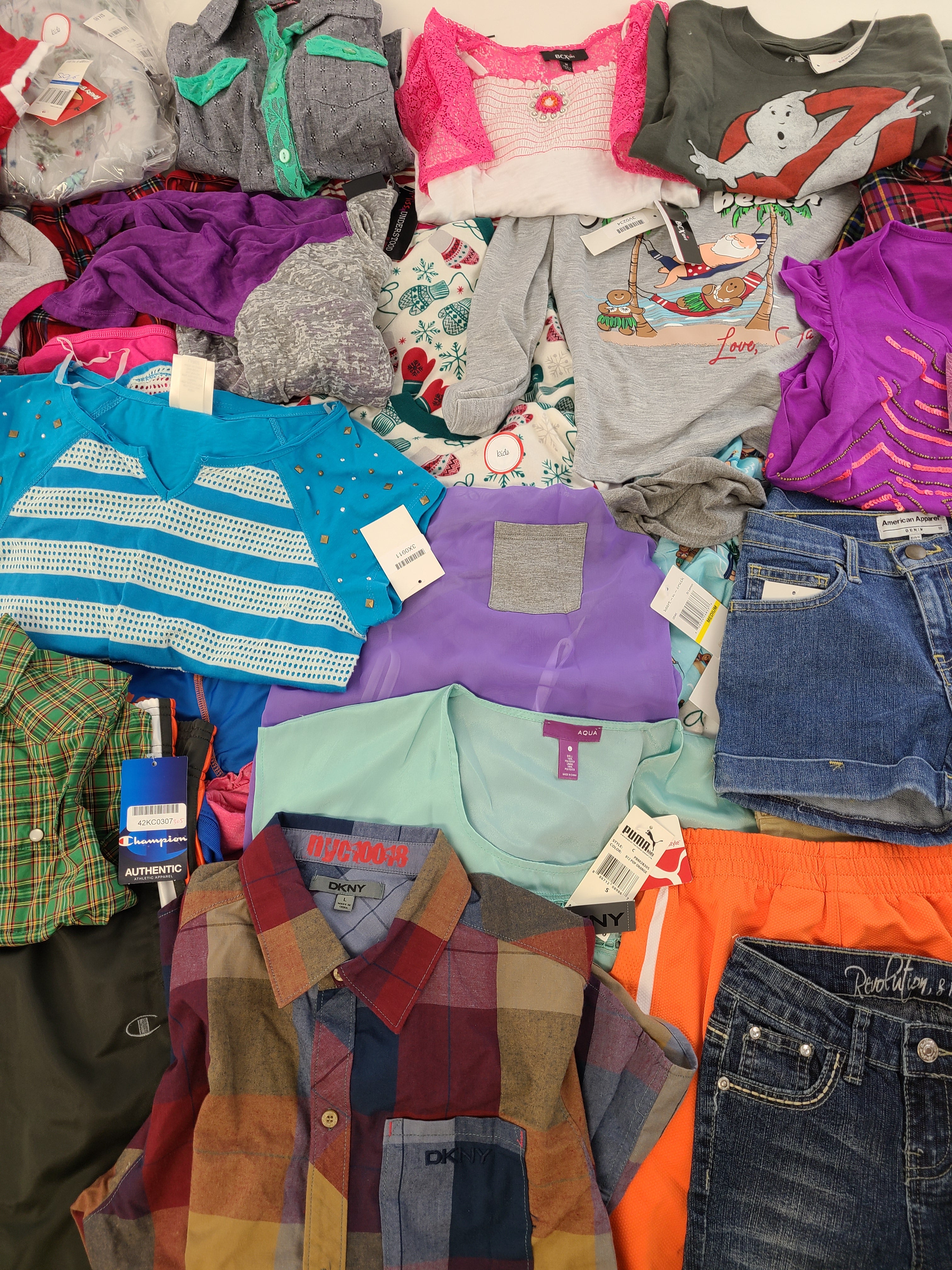 Kid's Clothing Wholesale Lot Polo Ralph Lauren, Lucky Brand, DKNY, Puma, Champion, American Apparel, Angry Birds, Aqua, Jessica Simpson, Tempted and more, 35 Units, Shelf Pulls, MSRP $997.76