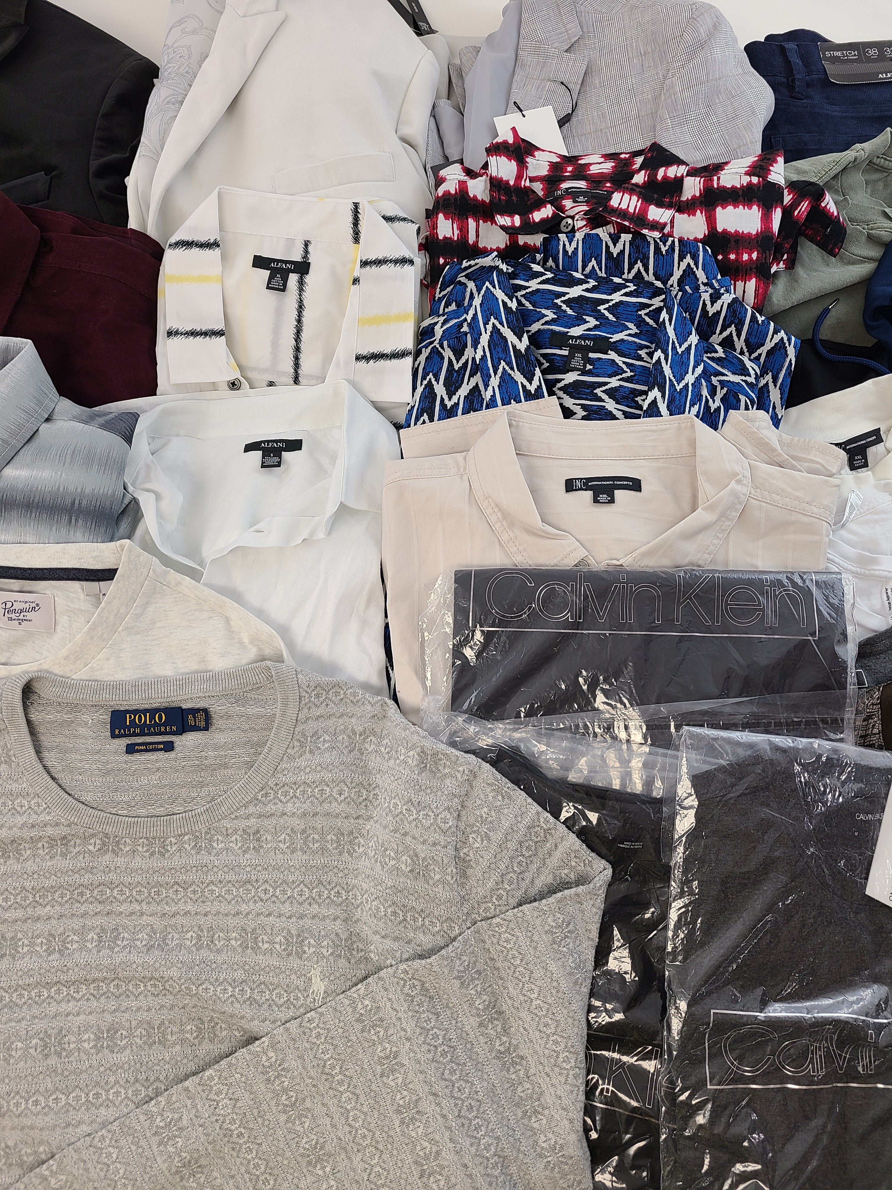 Men's Clothing Wholesale Lot Polo Ralph Lauren, Calvin Klein, Original Penguin, Tasso Elba, American Apparel, Bar lll, INC and more, 25 Units, Shelf Pulls, MSRP $1,661.95