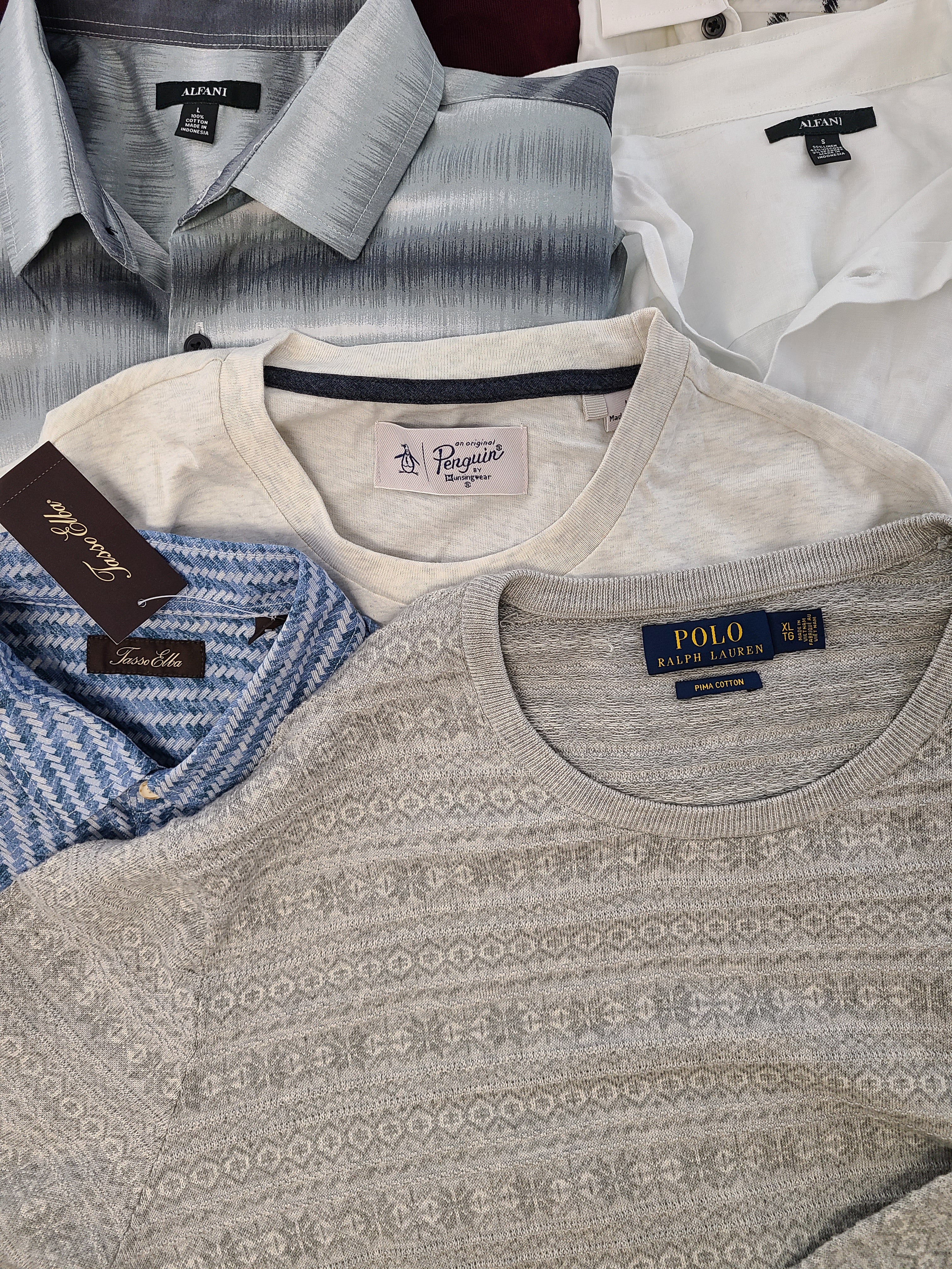 Men's Clothing Wholesale Lot Polo Ralph Lauren, Calvin Klein, Original Penguin, Tasso Elba, American Apparel, Bar lll, INC and more, 25 Units, Shelf Pulls, MSRP $1,661.95