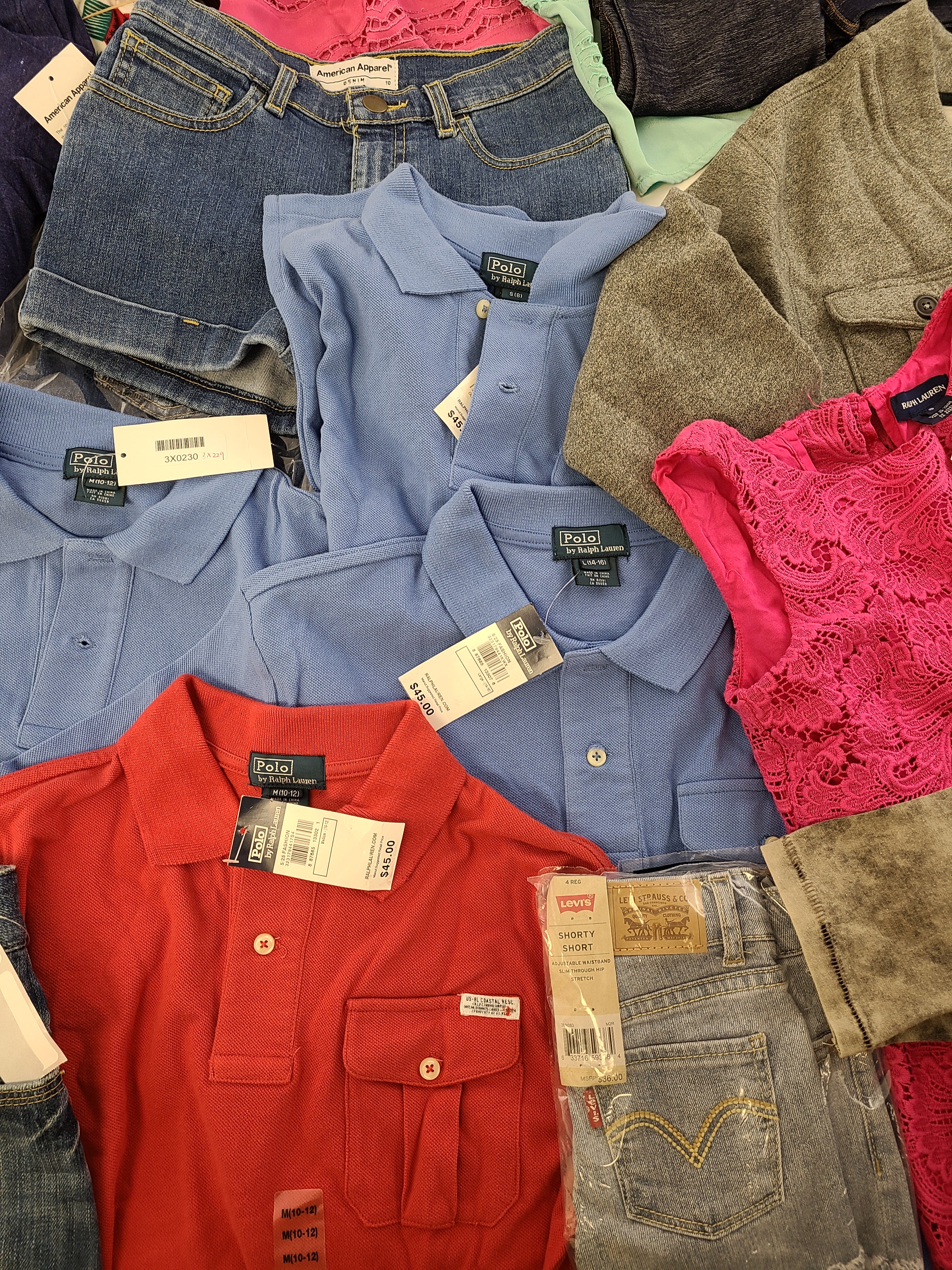 Kid's Clothing Wholesale Lot Polo by Ralph Lauren, Ralph Lauren, Levi's, American Apparel, Aqua, Diesel, Chaser, Ghostbusters and more, 34 Units, Shelf Pulls, MSRP $1,186.24