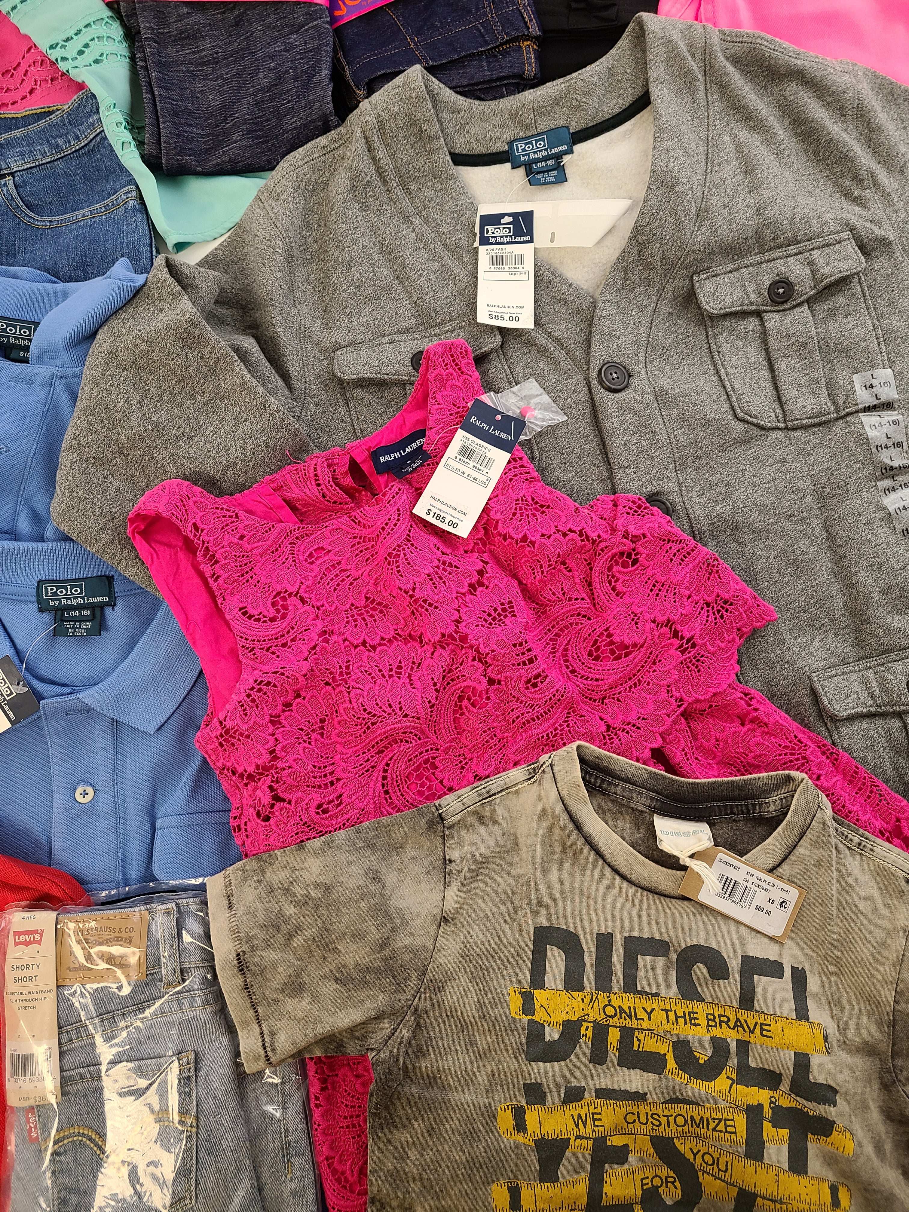 Kid's Clothing Wholesale Lot Polo by Ralph Lauren, Ralph Lauren, Levi's, American Apparel, Aqua, Diesel, Chaser, Ghostbusters and more, 34 Units, Shelf Pulls, MSRP $1,186.24