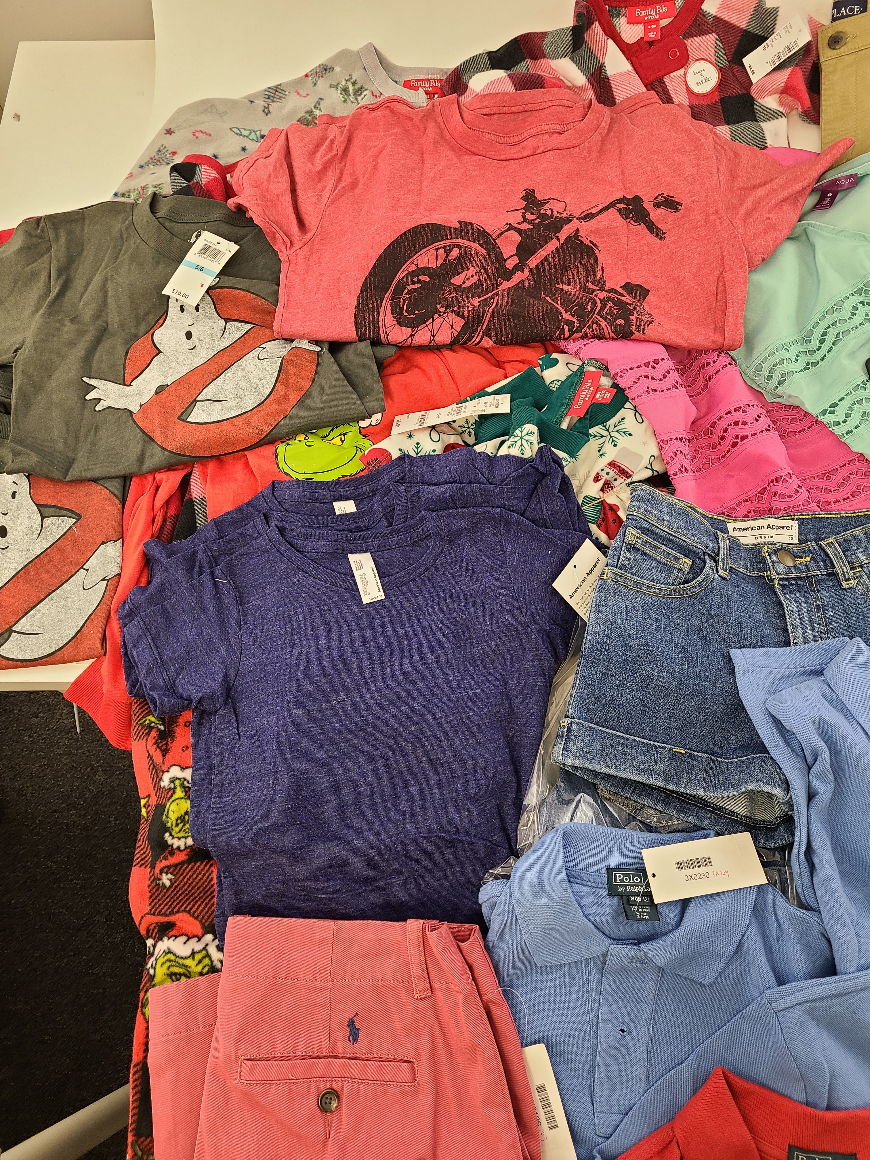 Kid's Clothing Wholesale Lot Polo by Ralph Lauren, Ralph Lauren, Levi's, American Apparel, Aqua, Diesel, Chaser, Ghostbusters and more, 34 Units, Shelf Pulls, MSRP $1,186.24