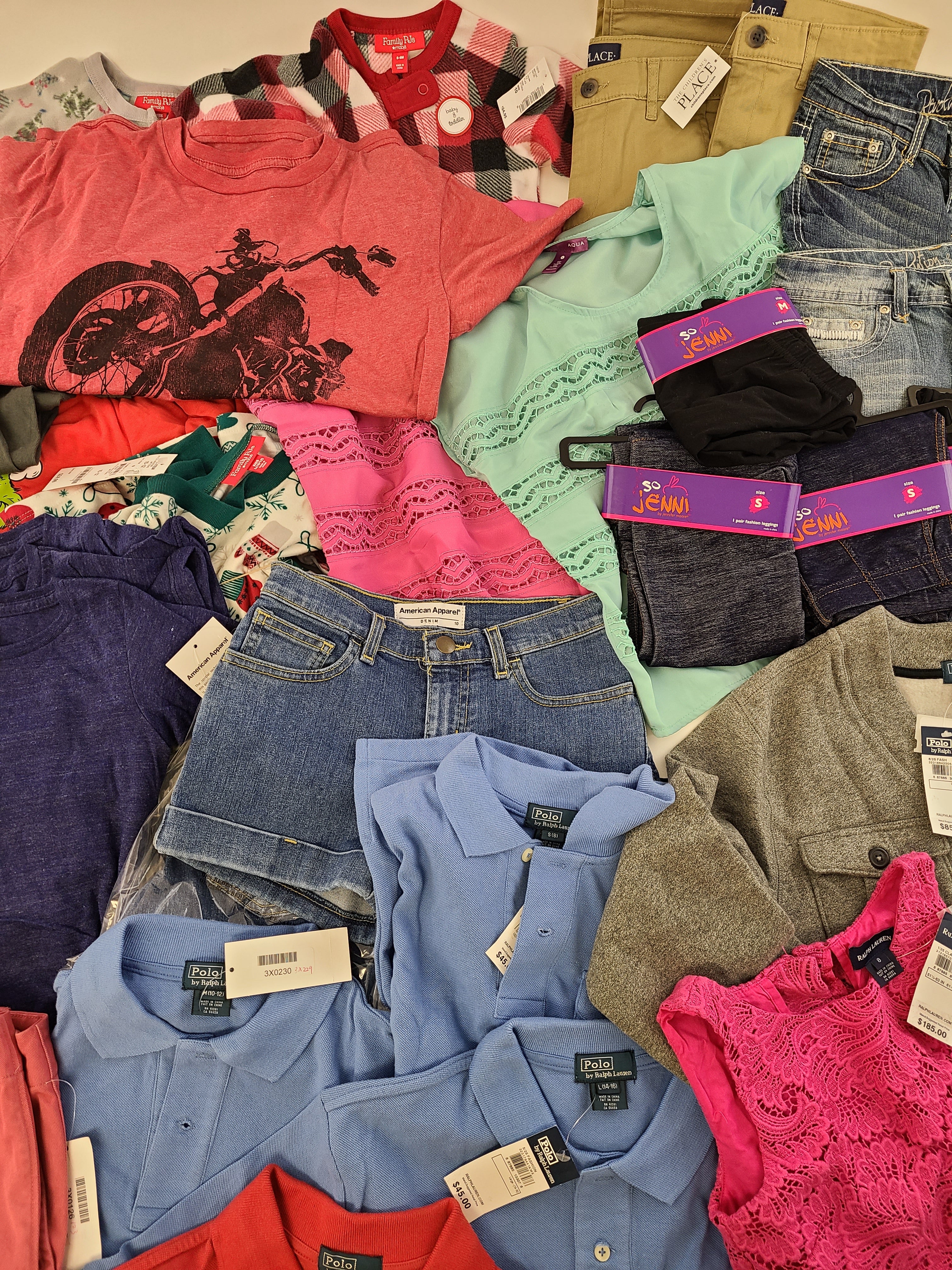 Kid's Clothing Wholesale Lot Polo by Ralph Lauren, Ralph Lauren, Levi's, American Apparel, Aqua, Diesel, Chaser, Ghostbusters and more, 34 Units, Shelf Pulls, MSRP $1,186.24