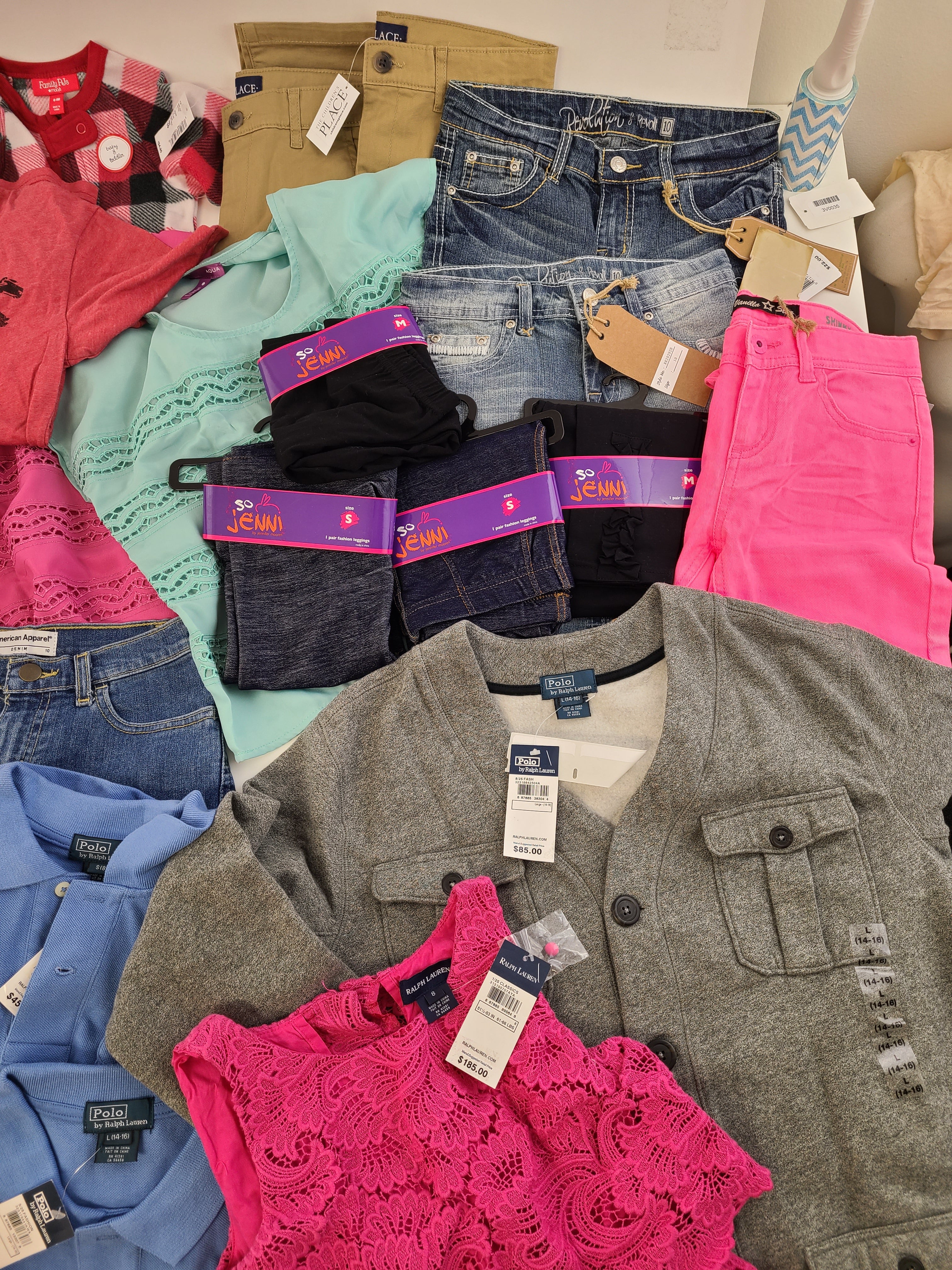 Kid's Clothing Wholesale Lot Polo by Ralph Lauren, Ralph Lauren, Levi's, American Apparel, Aqua, Diesel, Chaser, Ghostbusters and more, 34 Units, Shelf Pulls, MSRP $1,186.24