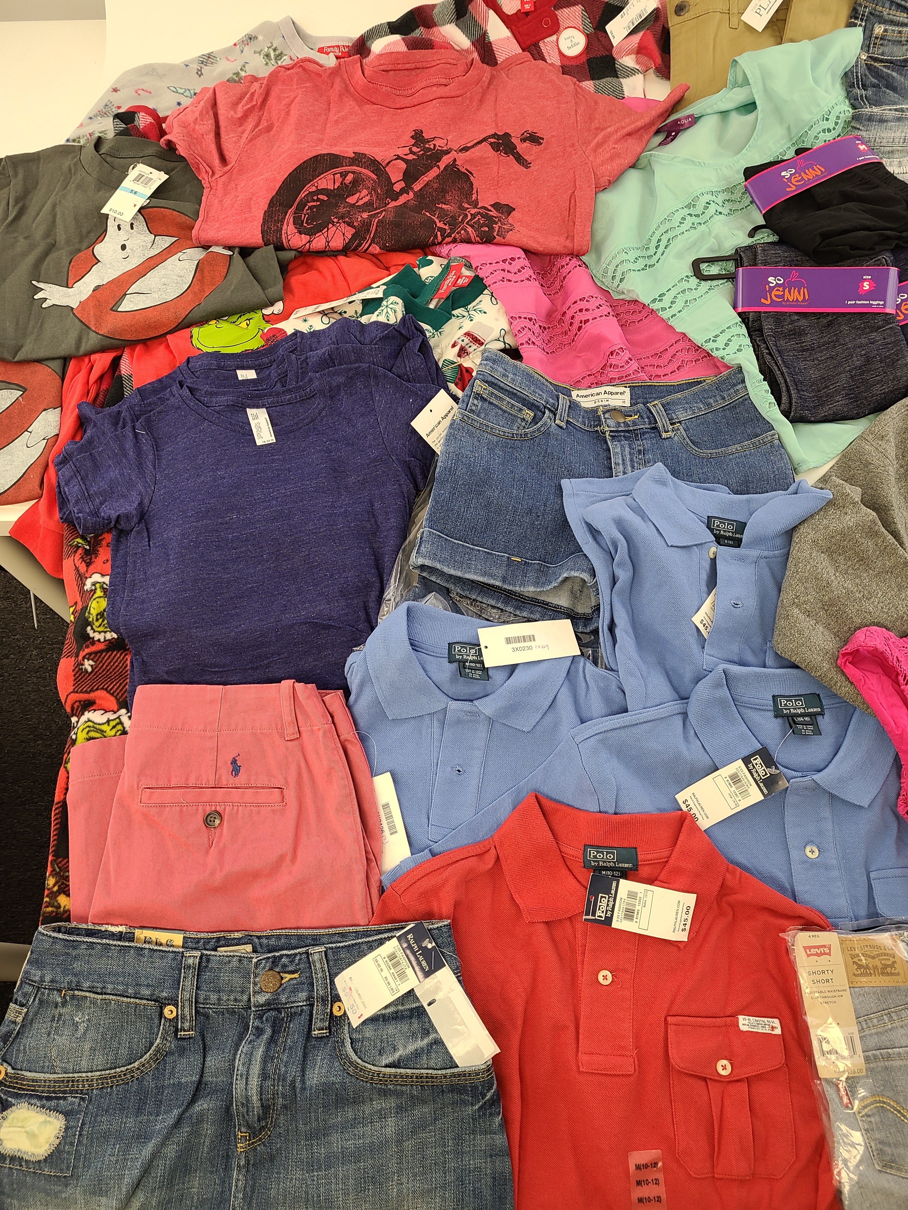 Kid's Clothing Wholesale Lot Polo by Ralph Lauren, Ralph Lauren, Levi's, American Apparel, Aqua, Diesel, Chaser, Ghostbusters and more, 34 Units, Shelf Pulls, MSRP $1,186.24