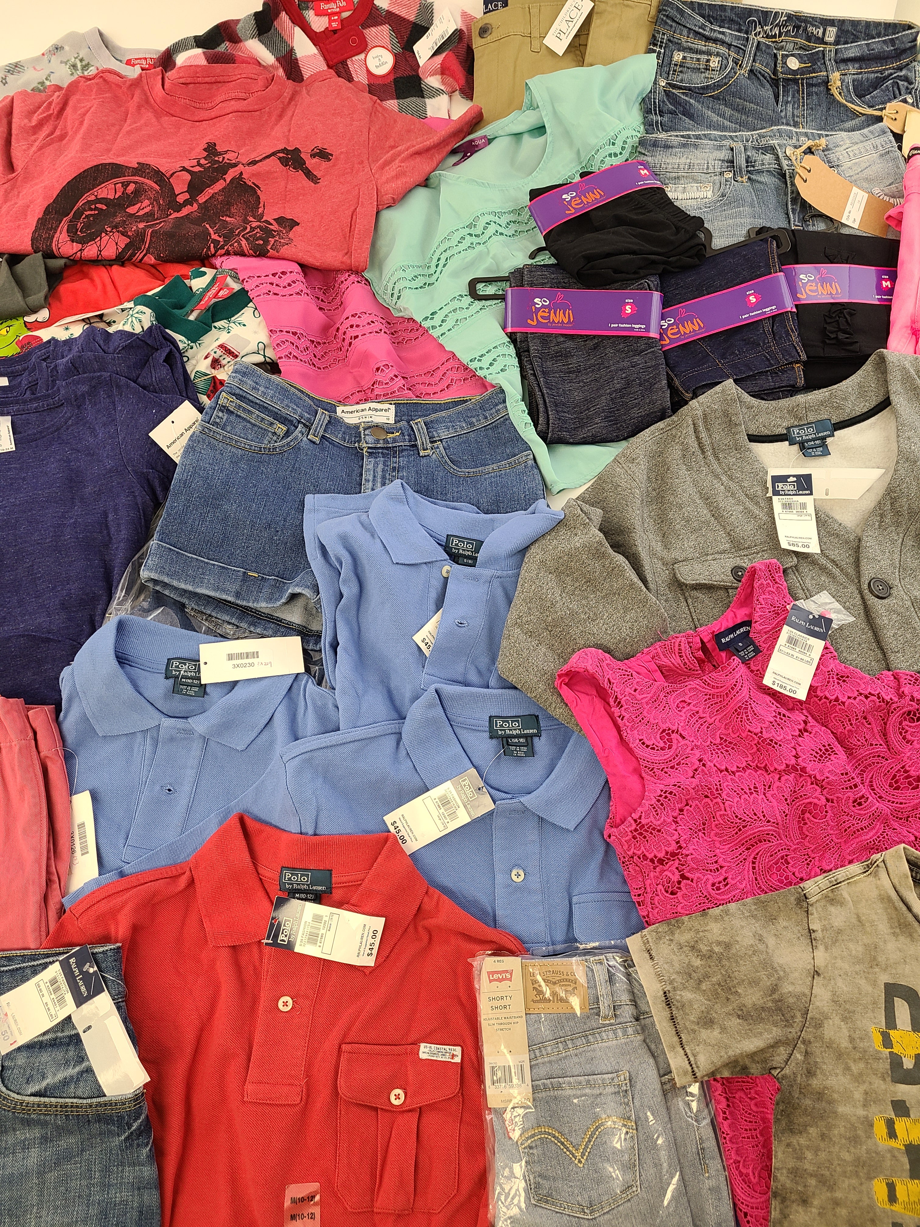 Kid's Clothing Wholesale Lot Polo by Ralph Lauren, Ralph Lauren, Levi's, American Apparel, Aqua, Diesel, Chaser, Ghostbusters and more, 34 Units, Shelf Pulls, MSRP $1,186.24