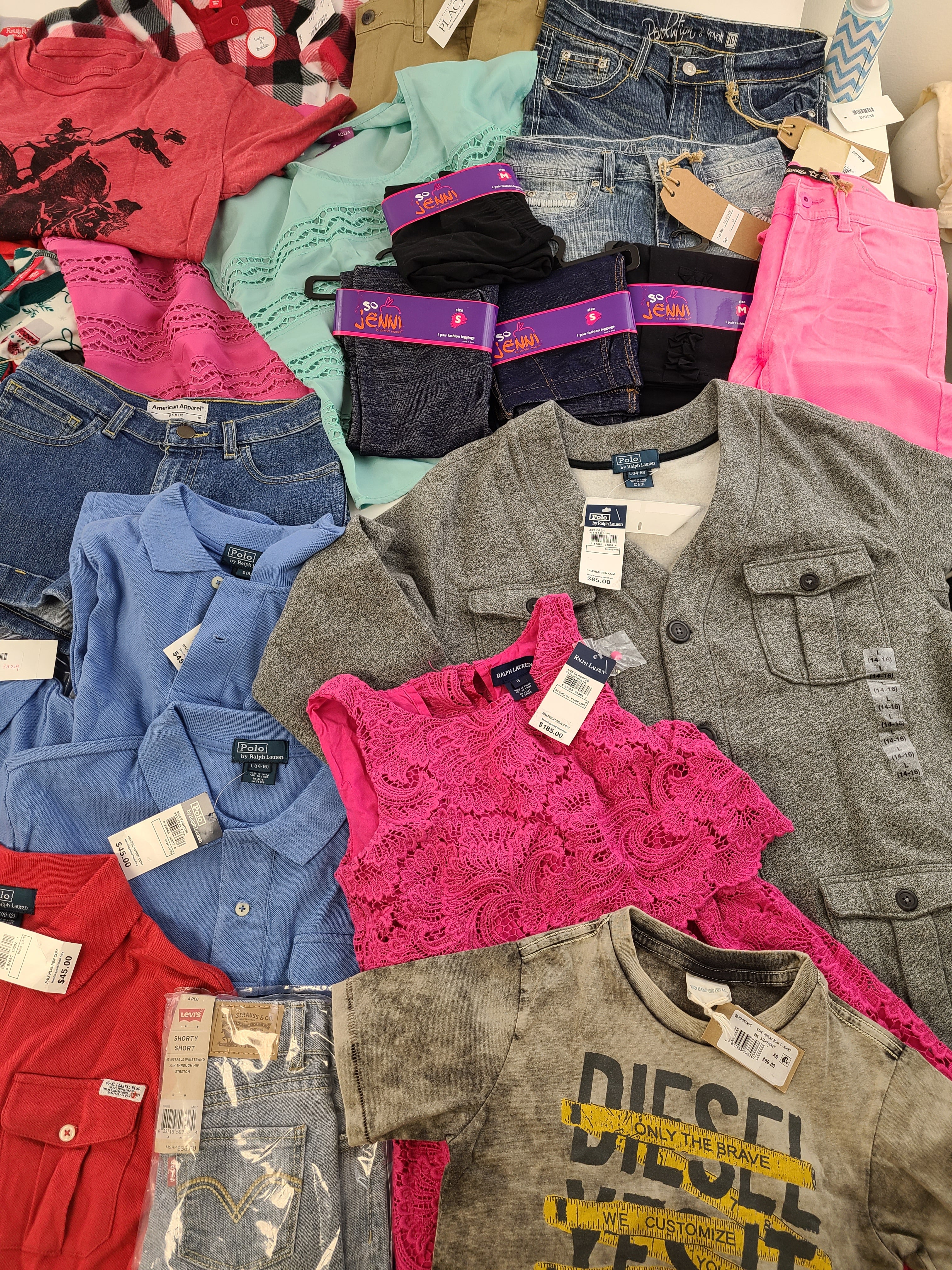 Kid's Clothing Wholesale Lot Polo by Ralph Lauren, Ralph Lauren, Levi's, American Apparel, Aqua, Diesel, Chaser, Ghostbusters and more, 34 Units, Shelf Pulls, MSRP $1,186.24