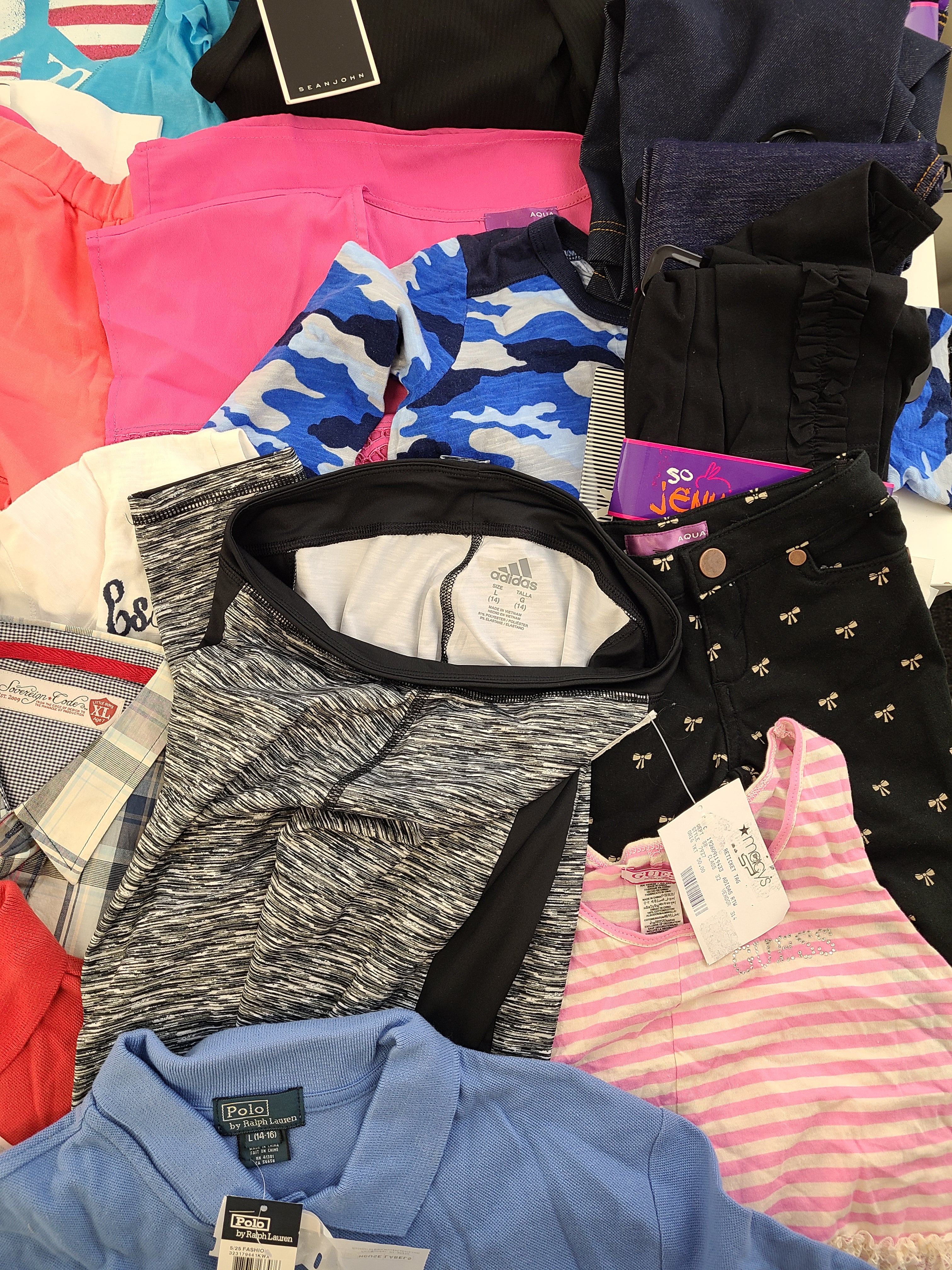 Kid's Clothing Wholesale Lot Polo by Ralph Lauren, Adidas, Levi's, Guess, American Apparel, Aqua, Hello Kitty, Sean John, Splendid, Tempted and more, 38 Units, Shelf Pulls, MSRP $966.82
