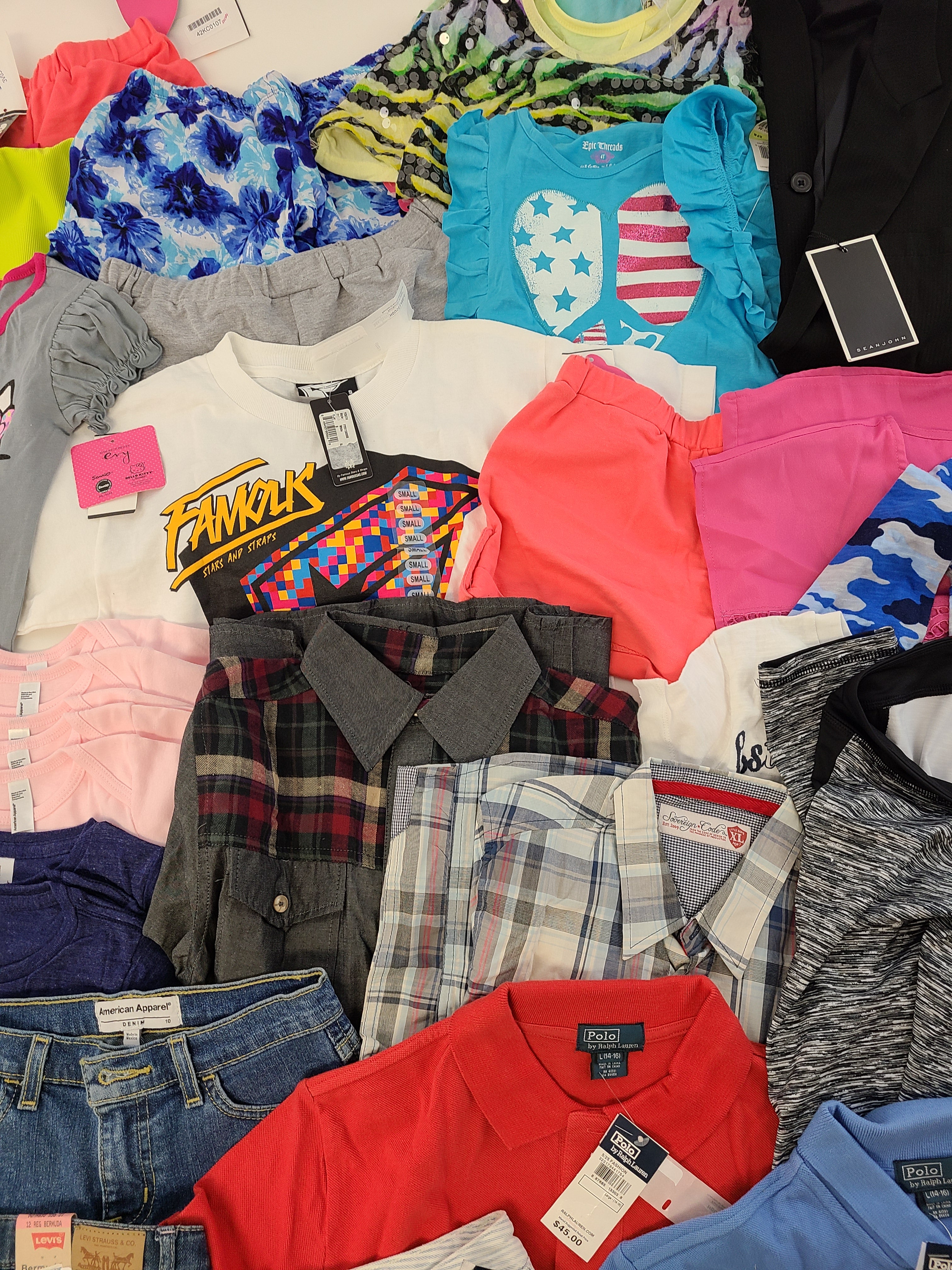 Kid's Clothing Wholesale Lot Polo by Ralph Lauren, Adidas, Levi's, Guess, American Apparel, Aqua, Hello Kitty, Sean John, Splendid, Tempted and more, 38 Units, Shelf Pulls, MSRP $966.82