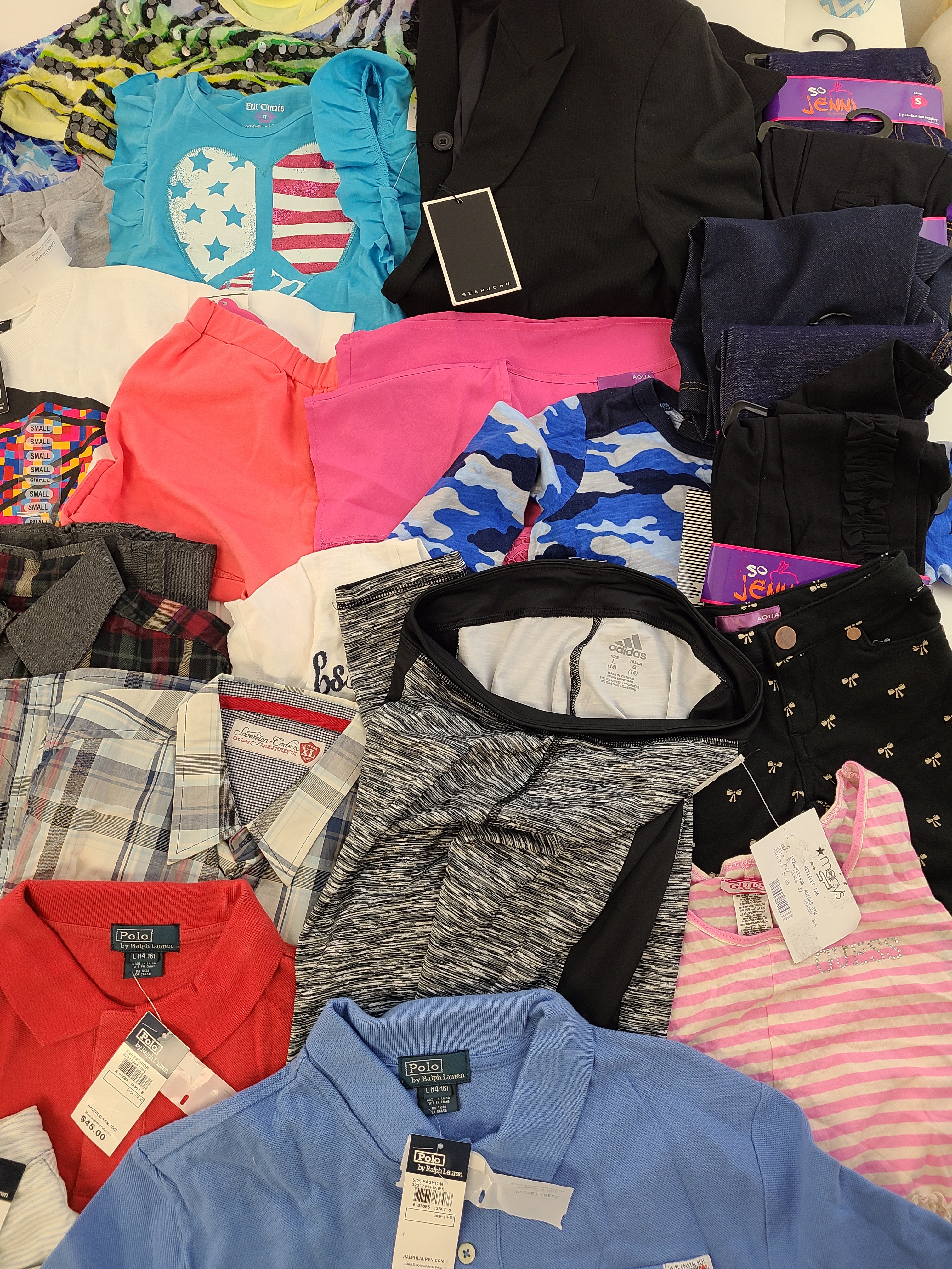 Kid's Clothing Wholesale Lot Polo by Ralph Lauren, Adidas, Levi's, Guess, American Apparel, Aqua, Hello Kitty, Sean John, Splendid, Tempted and more, 38 Units, Shelf Pulls, MSRP $966.82