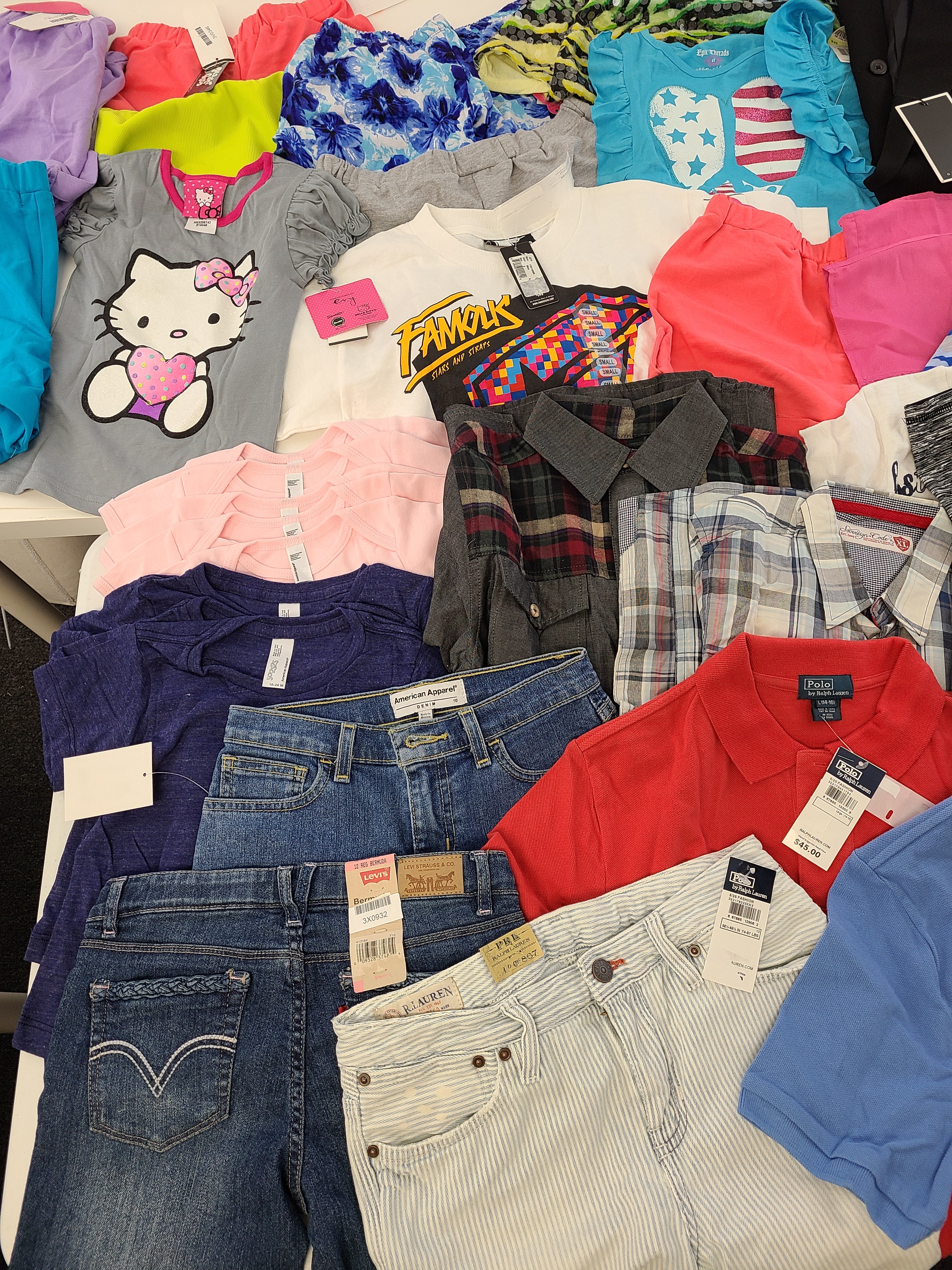 Kid's Clothing Wholesale Lot Polo by Ralph Lauren, Adidas, Levi's, Guess, American Apparel, Aqua, Hello Kitty, Sean John, Splendid, Tempted and more, 38 Units, Shelf Pulls, MSRP $966.82