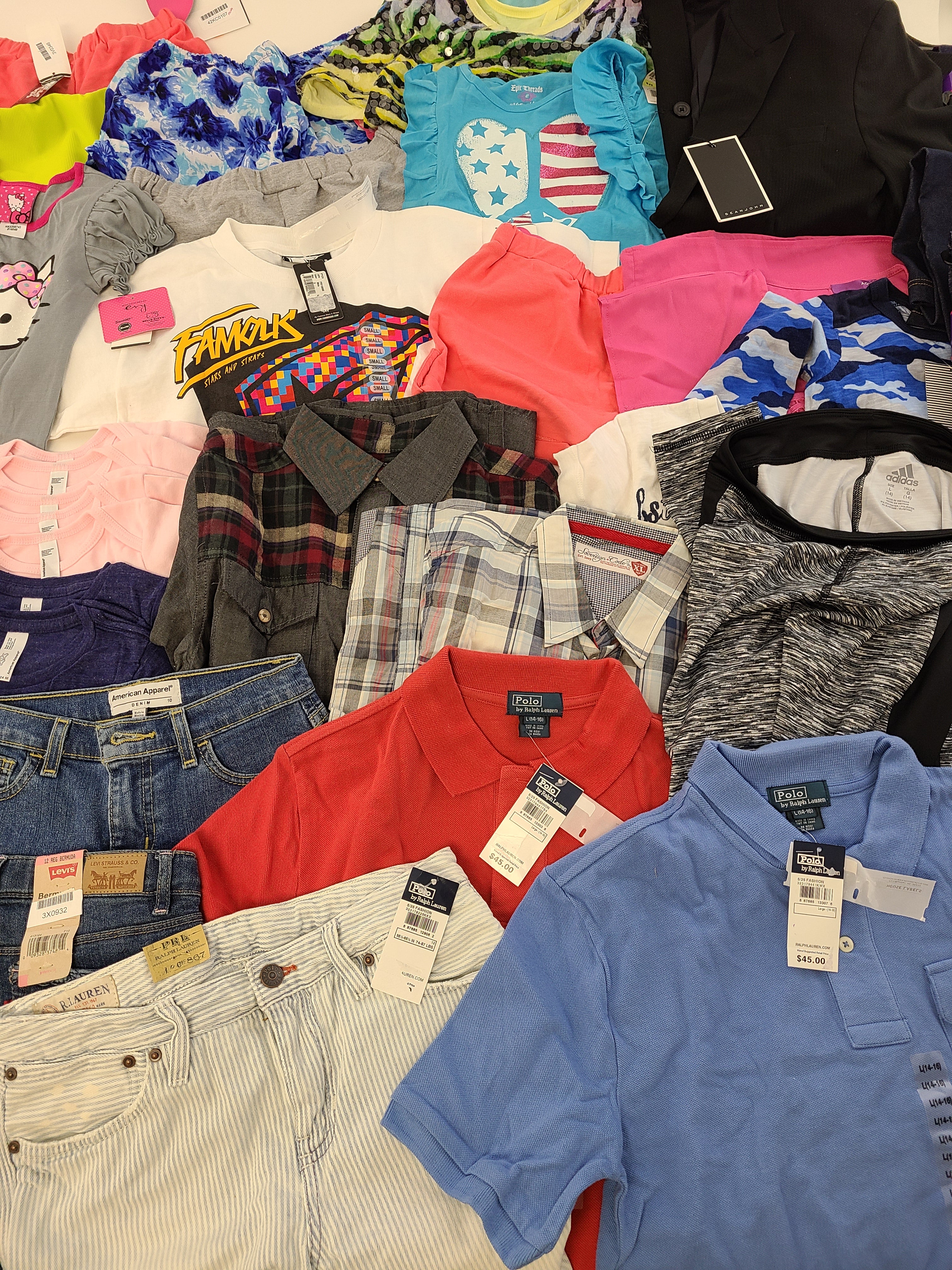 Kid's Clothing Wholesale Lot Polo by Ralph Lauren, Adidas, Levi's, Guess, American Apparel, Aqua, Hello Kitty, Sean John, Splendid, Tempted and more, 38 Units, Shelf Pulls, MSRP $966.82