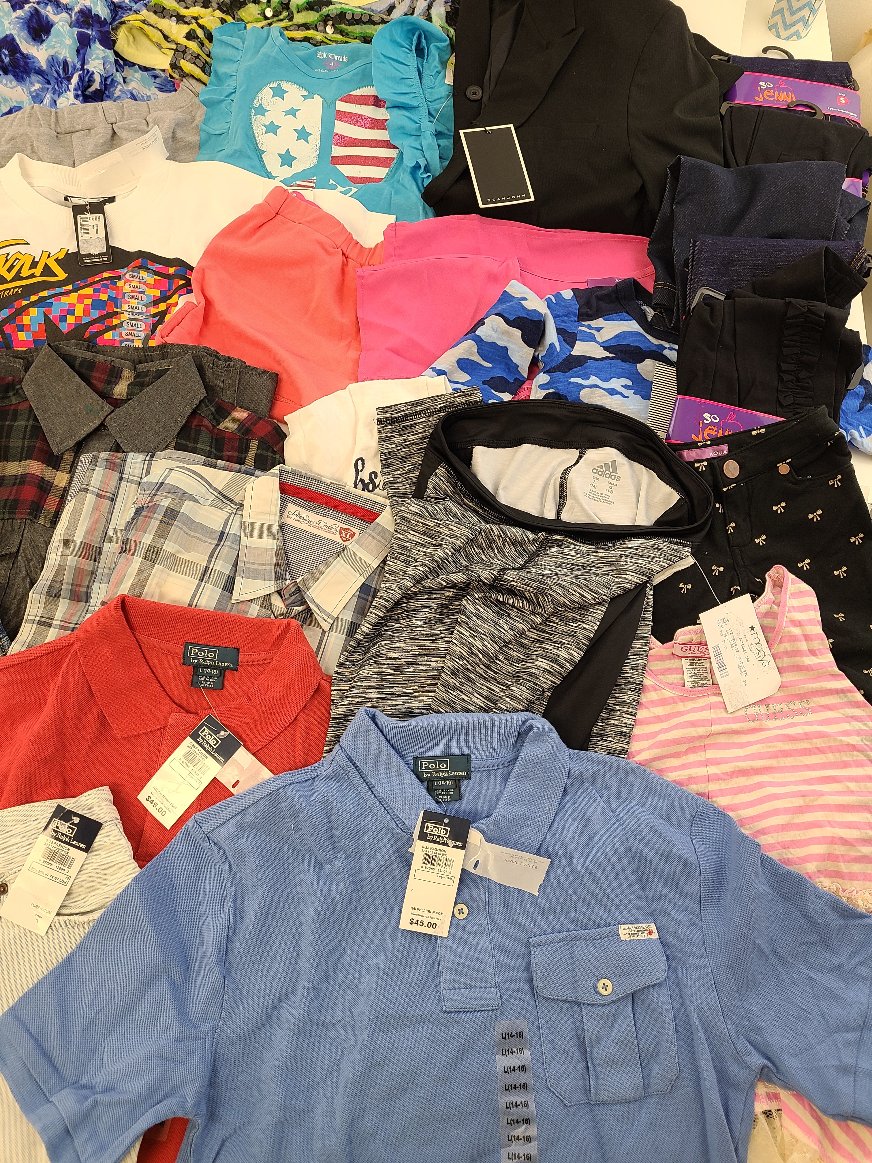 Kid's Clothing Wholesale Lot Polo by Ralph Lauren, Adidas, Levi's, Guess, American Apparel, Aqua, Hello Kitty, Sean John, Splendid, Tempted and more, 38 Units, Shelf Pulls, MSRP $966.82
