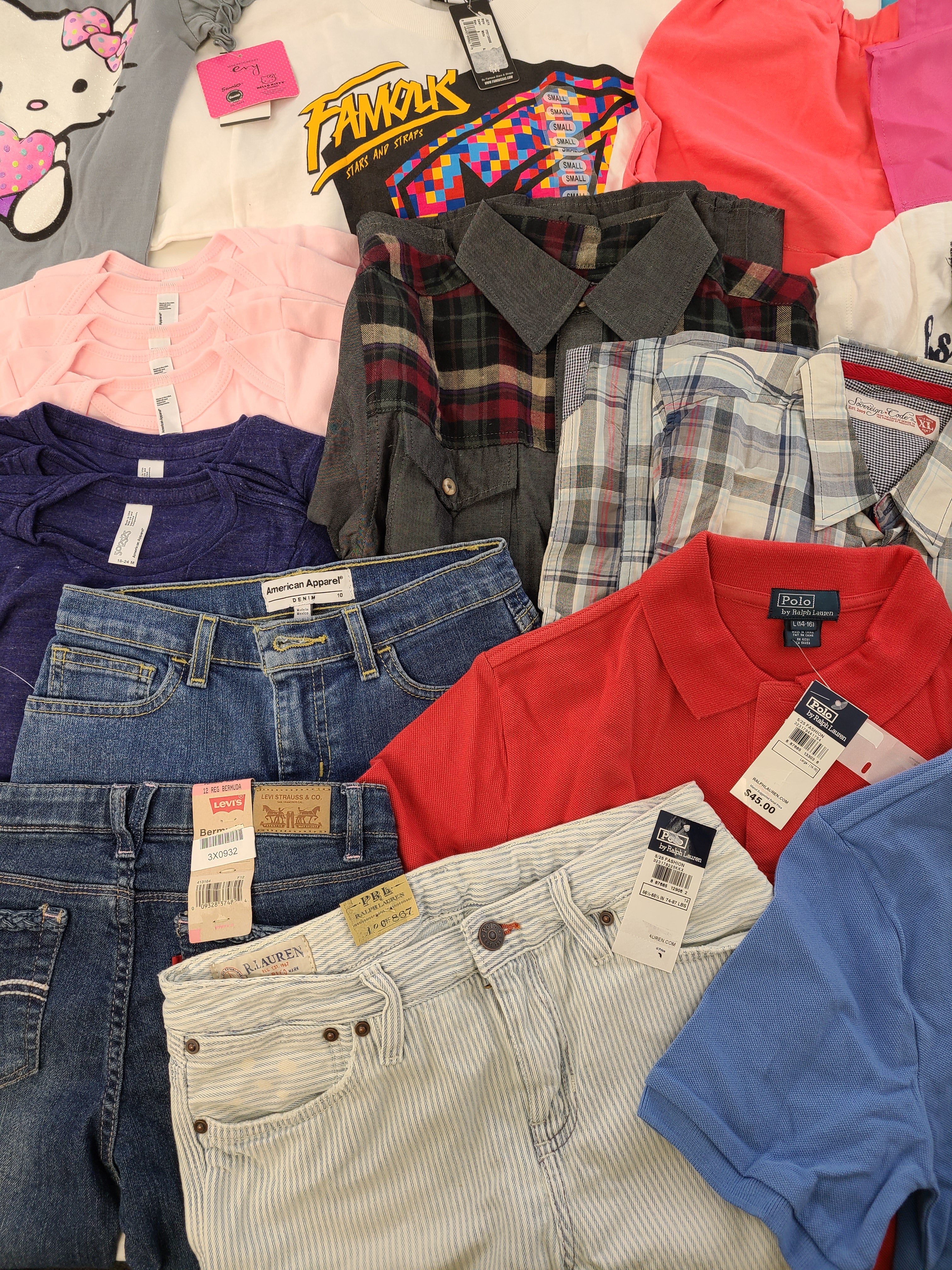 Kid's Clothing Wholesale Lot Polo by Ralph Lauren, Adidas, Levi's, Guess, American Apparel, Aqua, Hello Kitty, Sean John, Splendid, Tempted and more, 38 Units, Shelf Pulls, MSRP $966.82