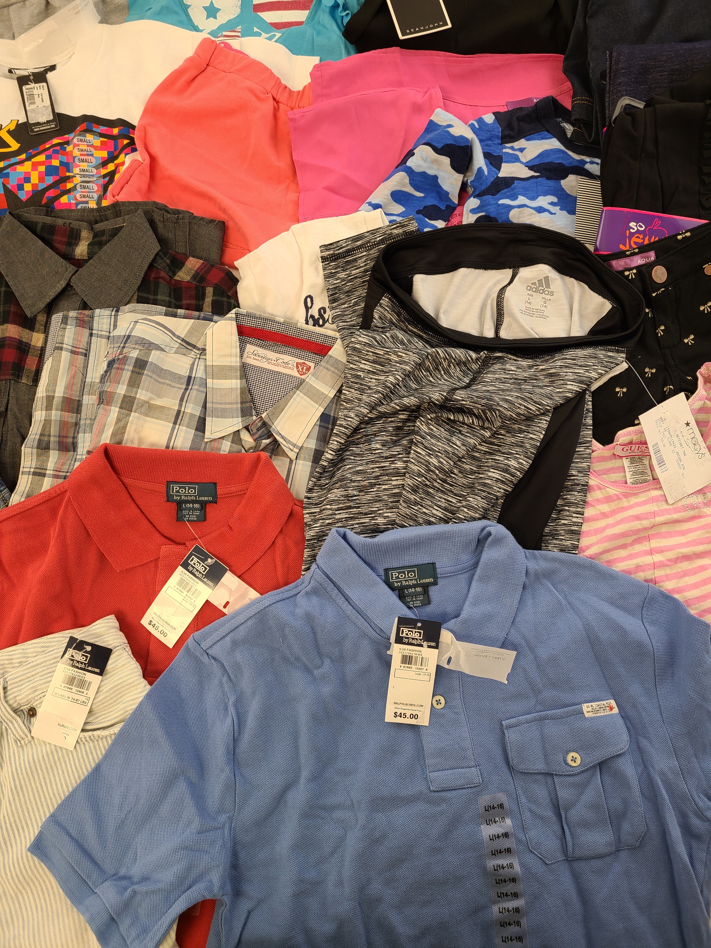 Kid's Clothing Wholesale Lot Polo by Ralph Lauren, Adidas, Levi's, Guess, American Apparel, Aqua, Hello Kitty, Sean John, Splendid, Tempted and more, 38 Units, Shelf Pulls, MSRP $966.82