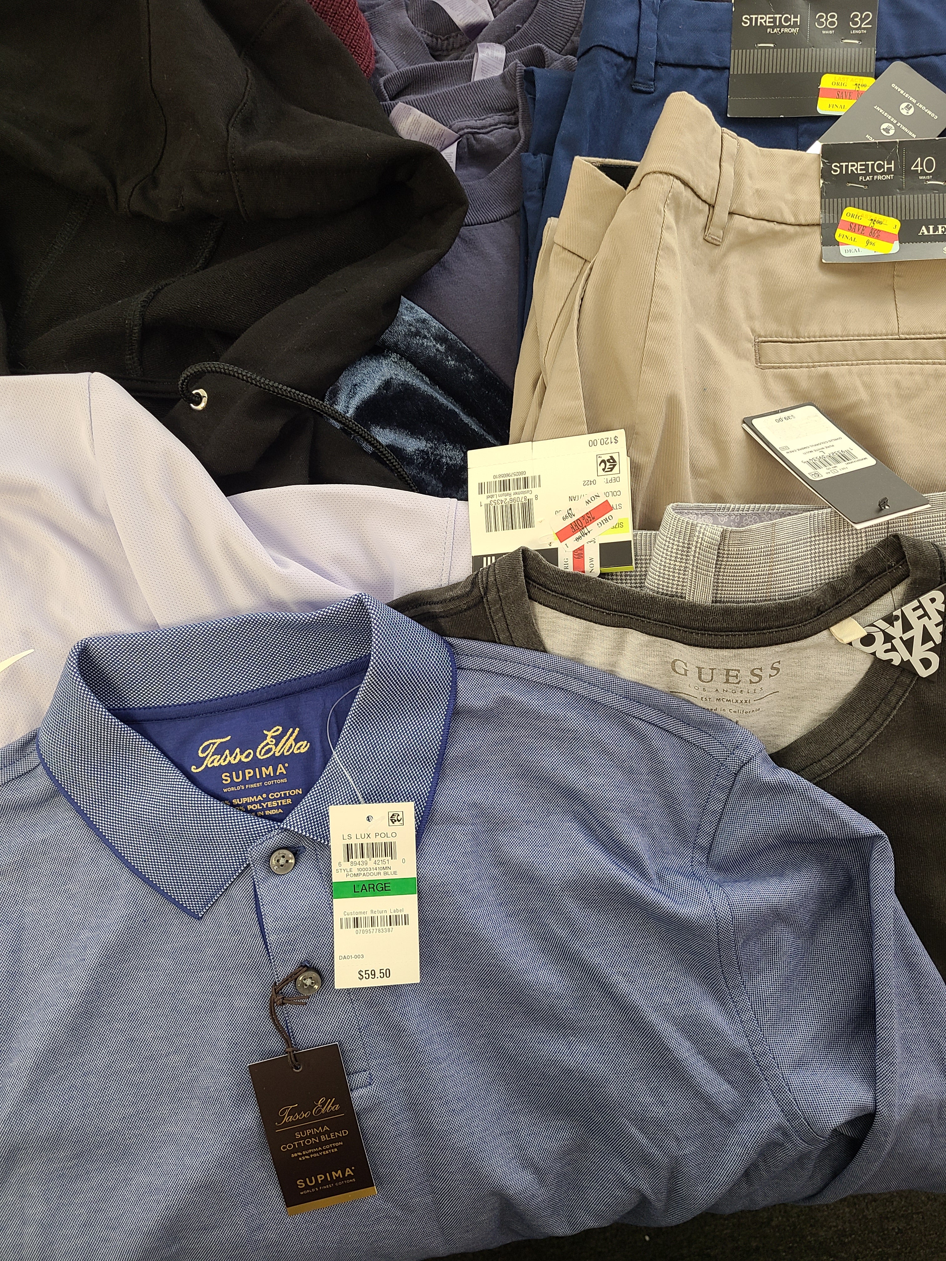 Men's Clothing Wholesale Lot Levi's, Nike, DKNY, Adidas, Guess, Tasso Elba, American Apparel, Club Room, INC and more, 25 Units, Shelf Pulls, MSRP $1,632.99