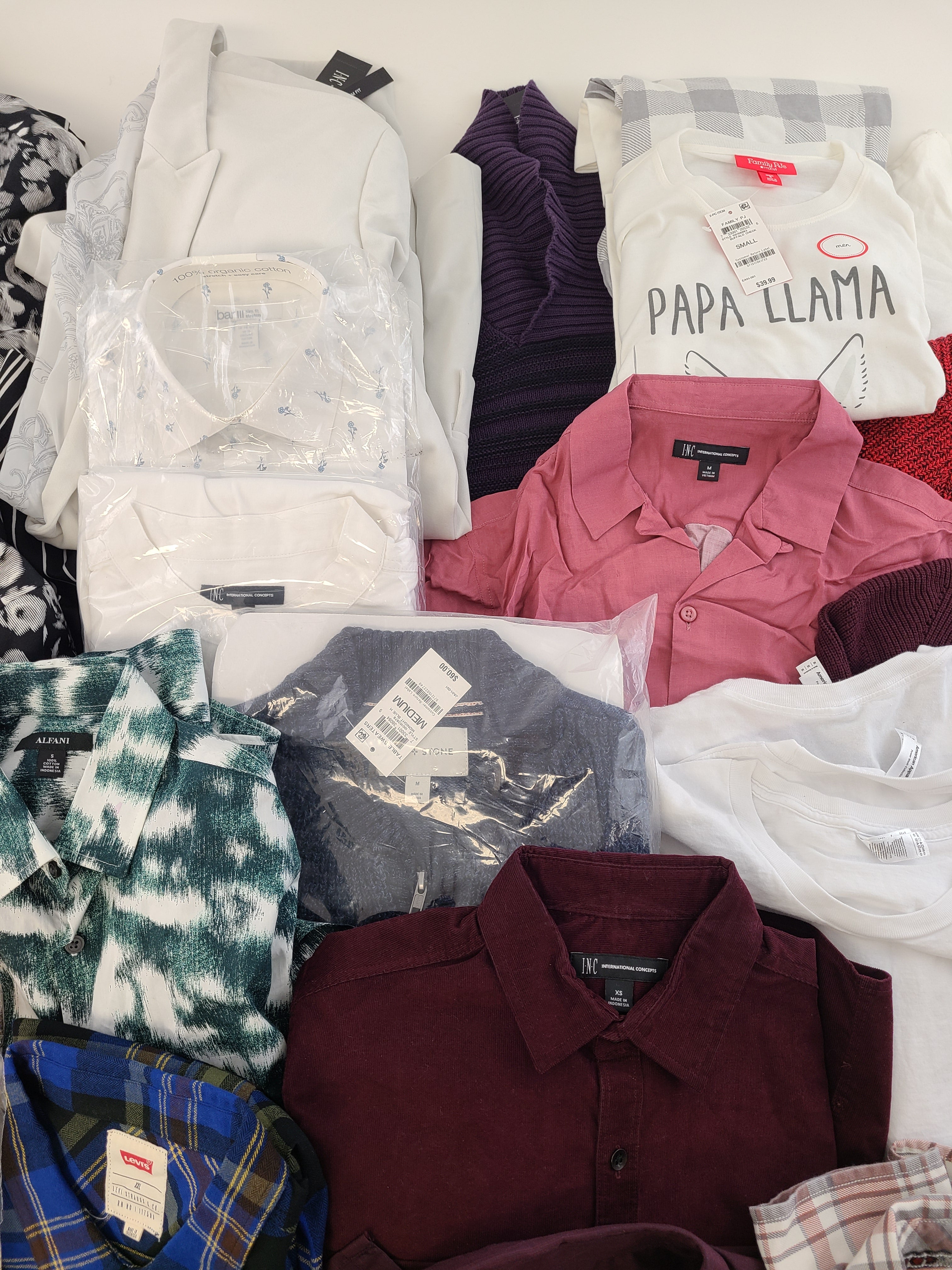 Men's Clothing Wholesale Lot Calvin Klein, Levi's, Adidas, Weatherproof Vintage, Tasso Elba, American Apparel, INC, Alfani and more, 26 Units, Shelf Pulls, MSRP $1,532.97