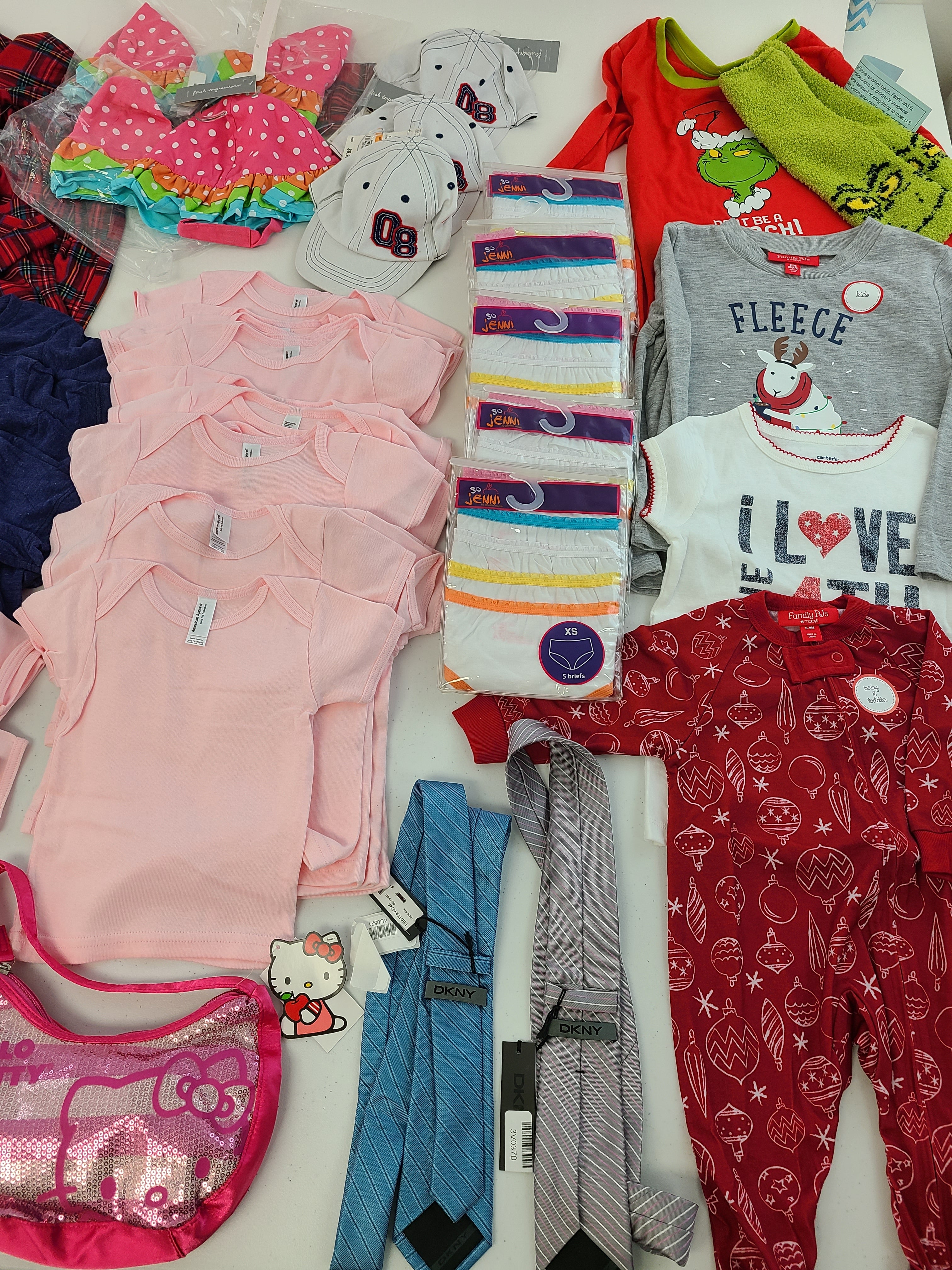 Kid's Clothing & Accessories Wholesale Lot DKNY, Hello Kitty, American Apparel, First Impressions, Carter's and more, 52 Units, Shelf Pulls, MSRP $792.42