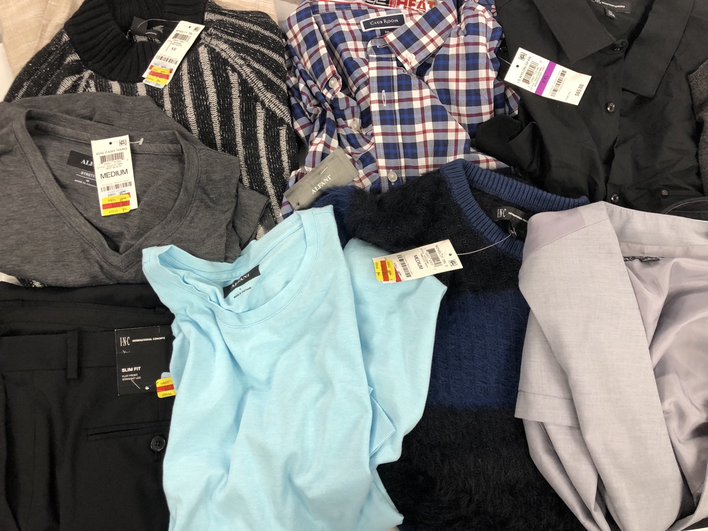 Men's Clothing American Apparel, Alfani, Club Room and more, 35 Units, Shelf Pulls, MSRP $1,516