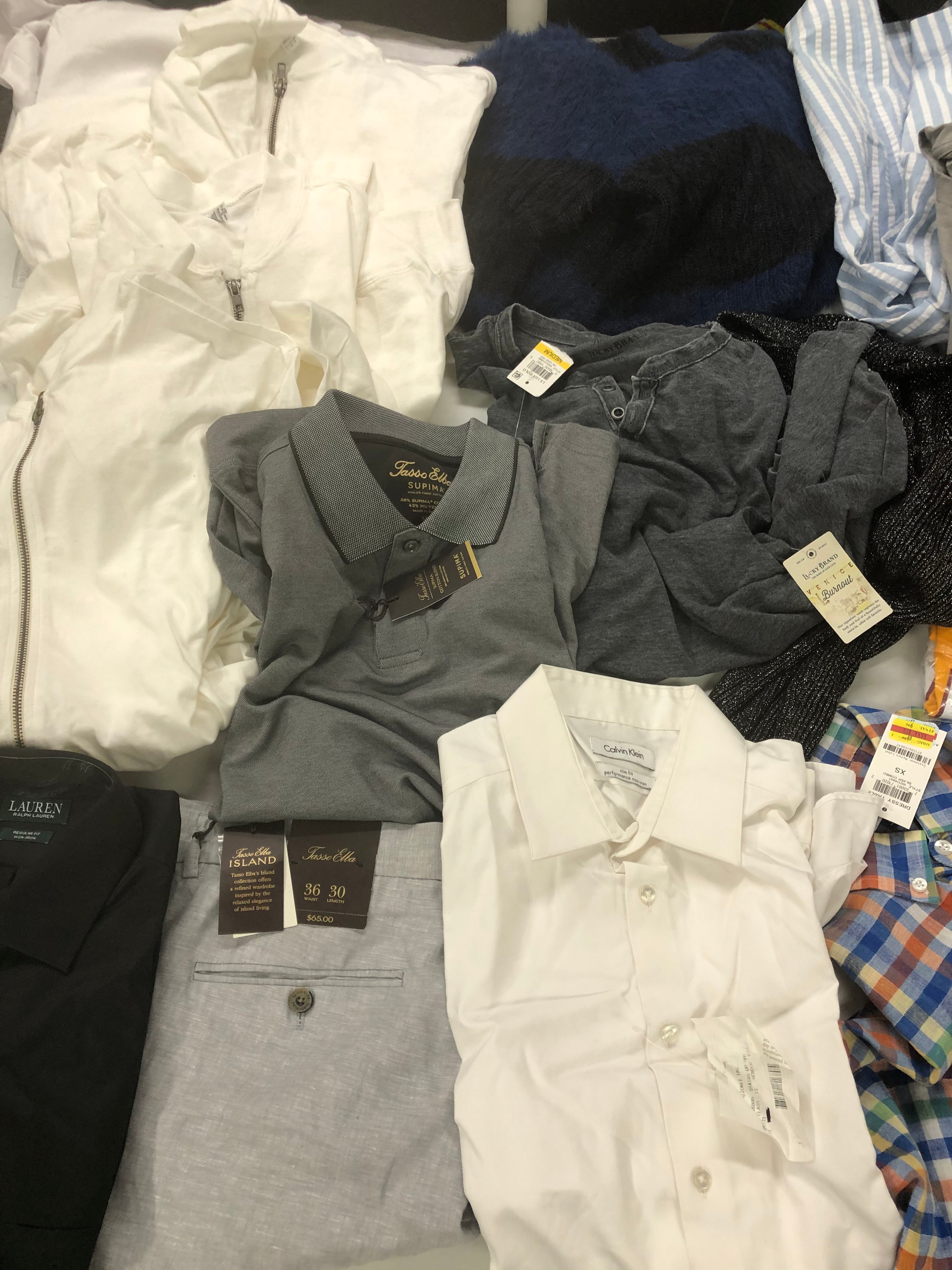 Men's Clothing Polo Ralph Lauren, Lucky Brand, Adidas, Calvin Klein, American Apparel, Tasso Elba, Club Room, INC and more, 18 Units, Shelf Pulls, MSRP $1,045.99