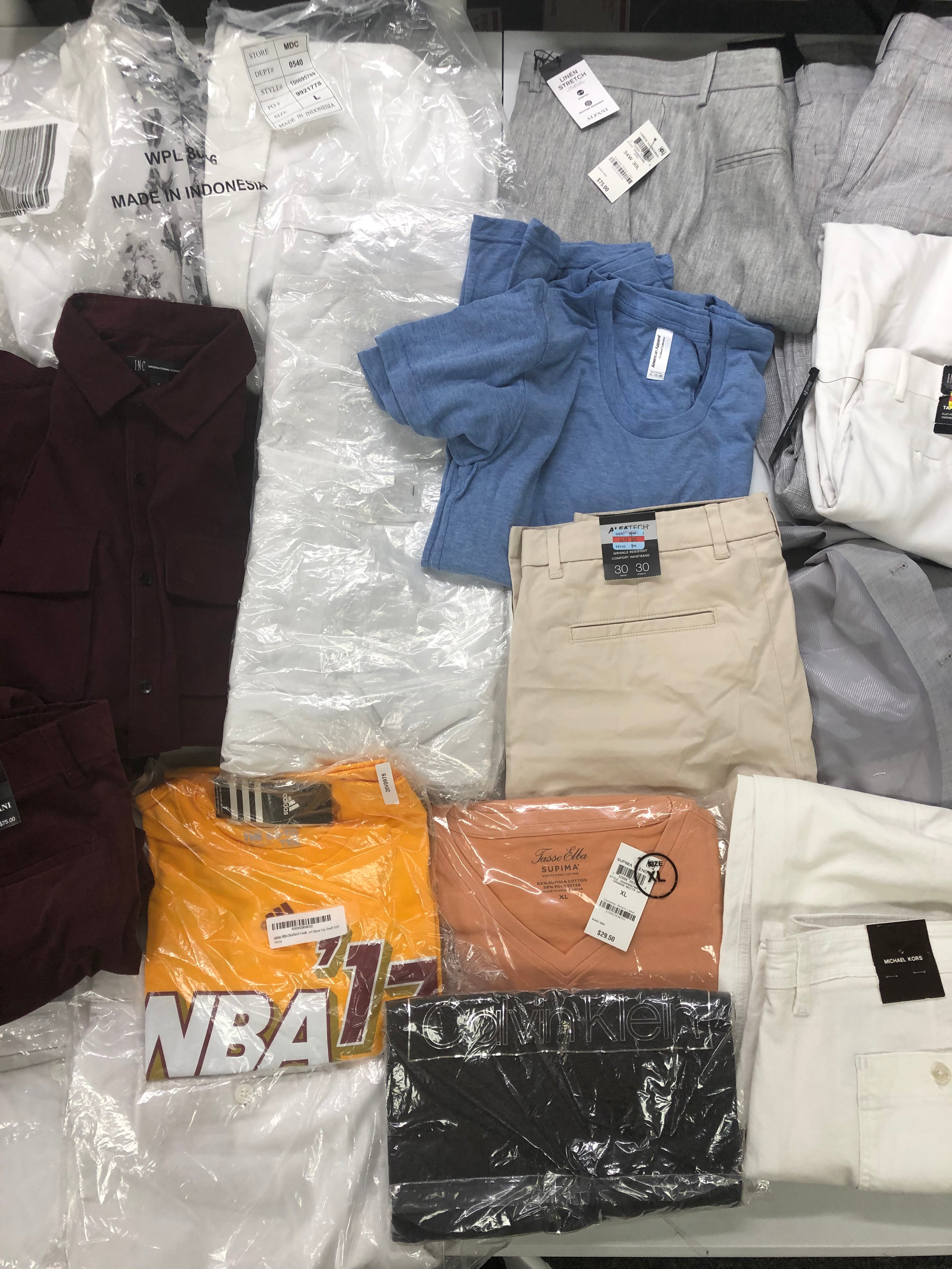 Men's Clothing ADIDAS, Calvin Klein, Michael Kors, American Apparel, Tasso Elba, Alfani, BAR III, INC and more, 20 Units, Shelf Pulls, MSRP $1,289.48