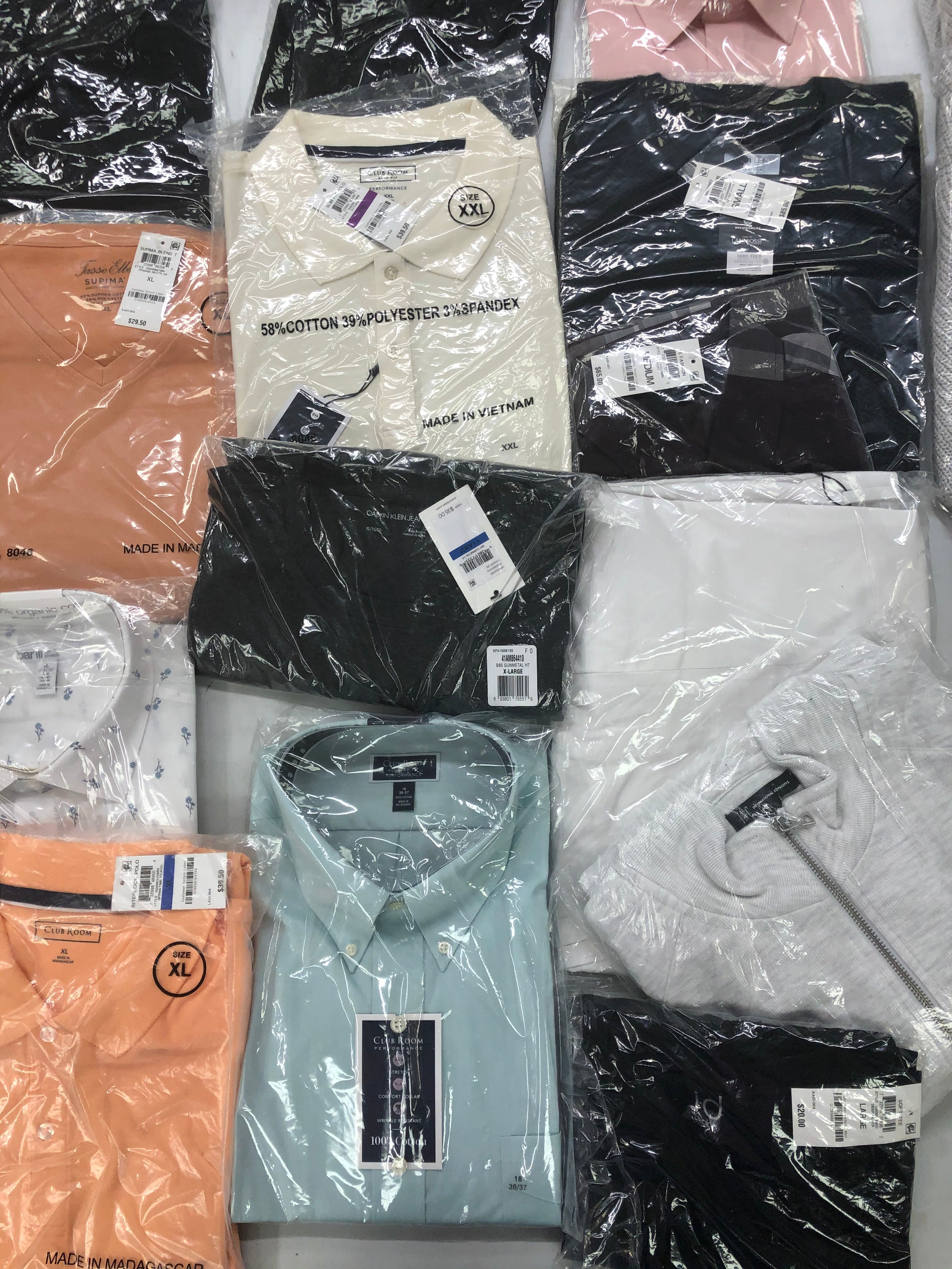 Men's Clothing Calvin Klein, Tasso Elba, Club Room, Alfani, BAR III, INC and more, 18 Units, Shelf Pulls, MSRP $1,010.99