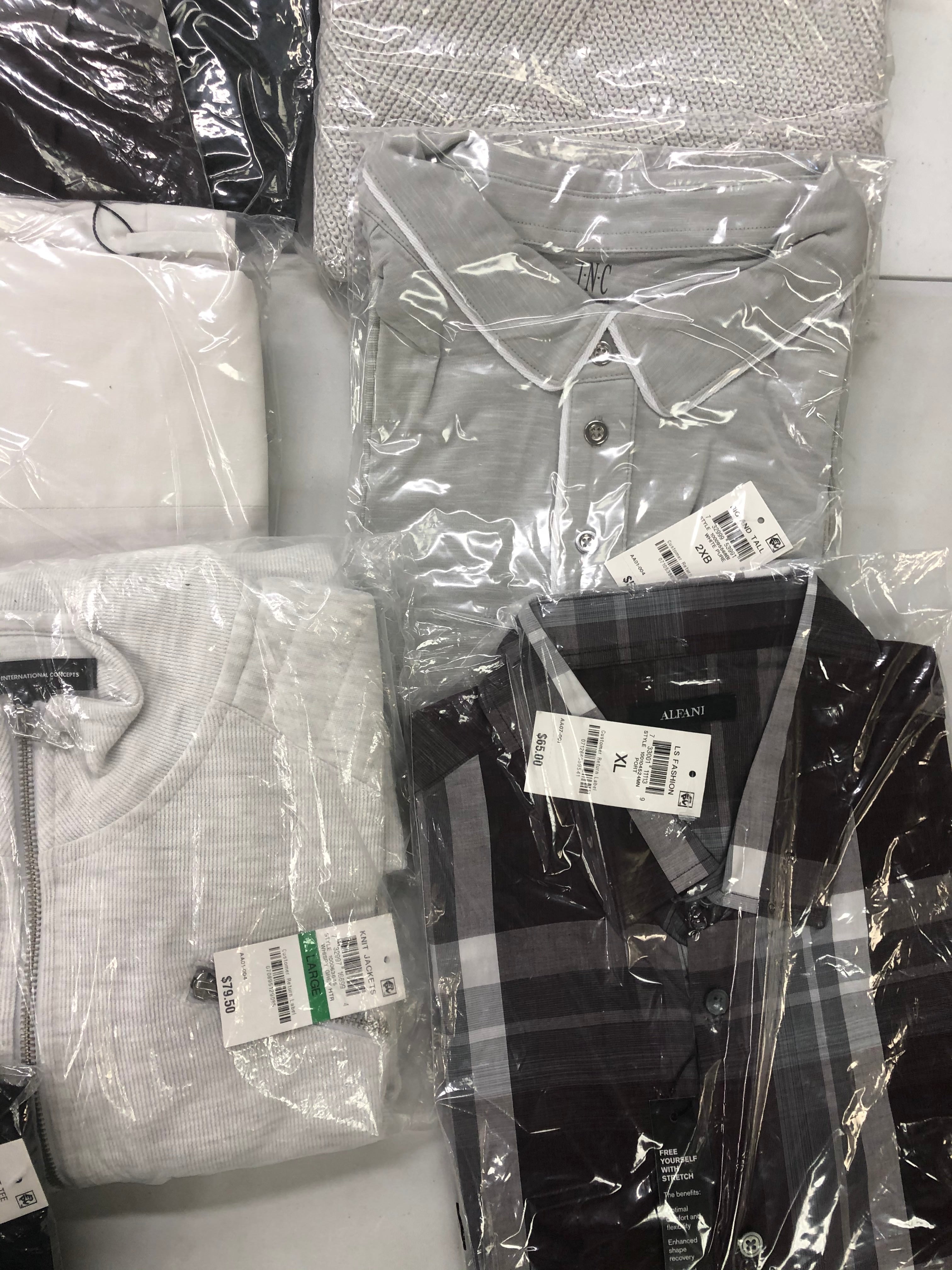 Men's Clothing Calvin Klein, Tasso Elba, Club Room, Alfani, BAR III, INC and more, 18 Units, Shelf Pulls, MSRP $1,010.99