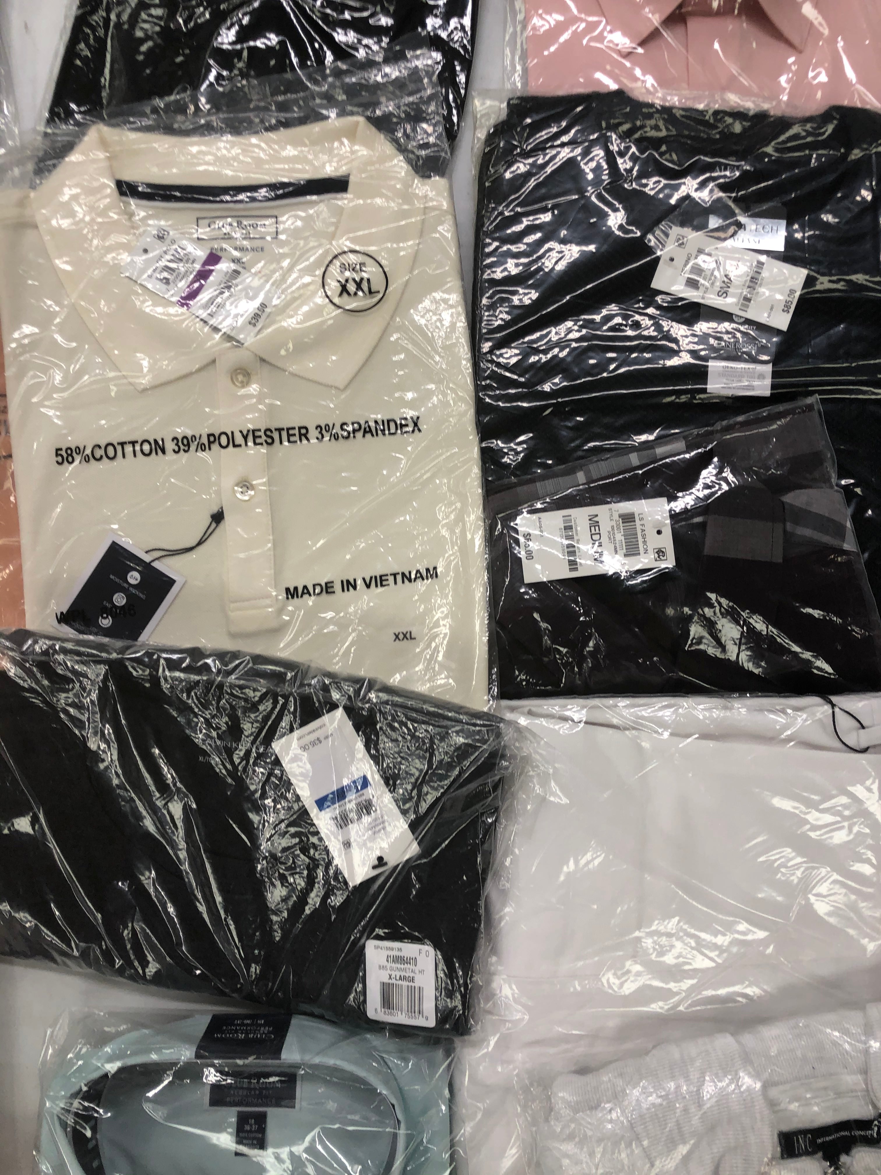 Men's Clothing Calvin Klein, Tasso Elba, Club Room, Alfani, BAR III, INC and more, 18 Units, Shelf Pulls, MSRP $1,010.99