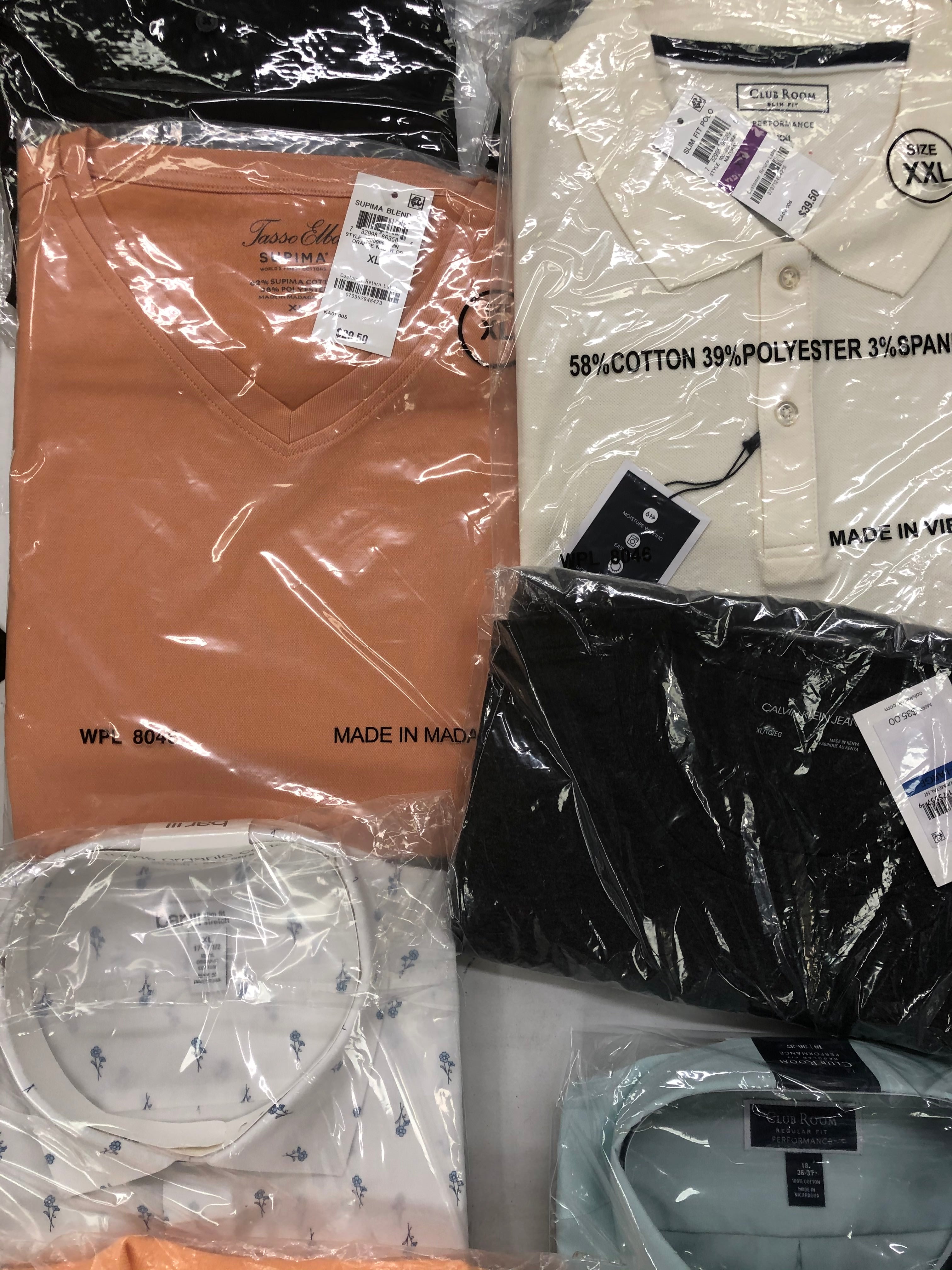 Men's Clothing Calvin Klein, Tasso Elba, Club Room, Alfani, BAR III, INC and more, 18 Units, Shelf Pulls, MSRP $1,010.99