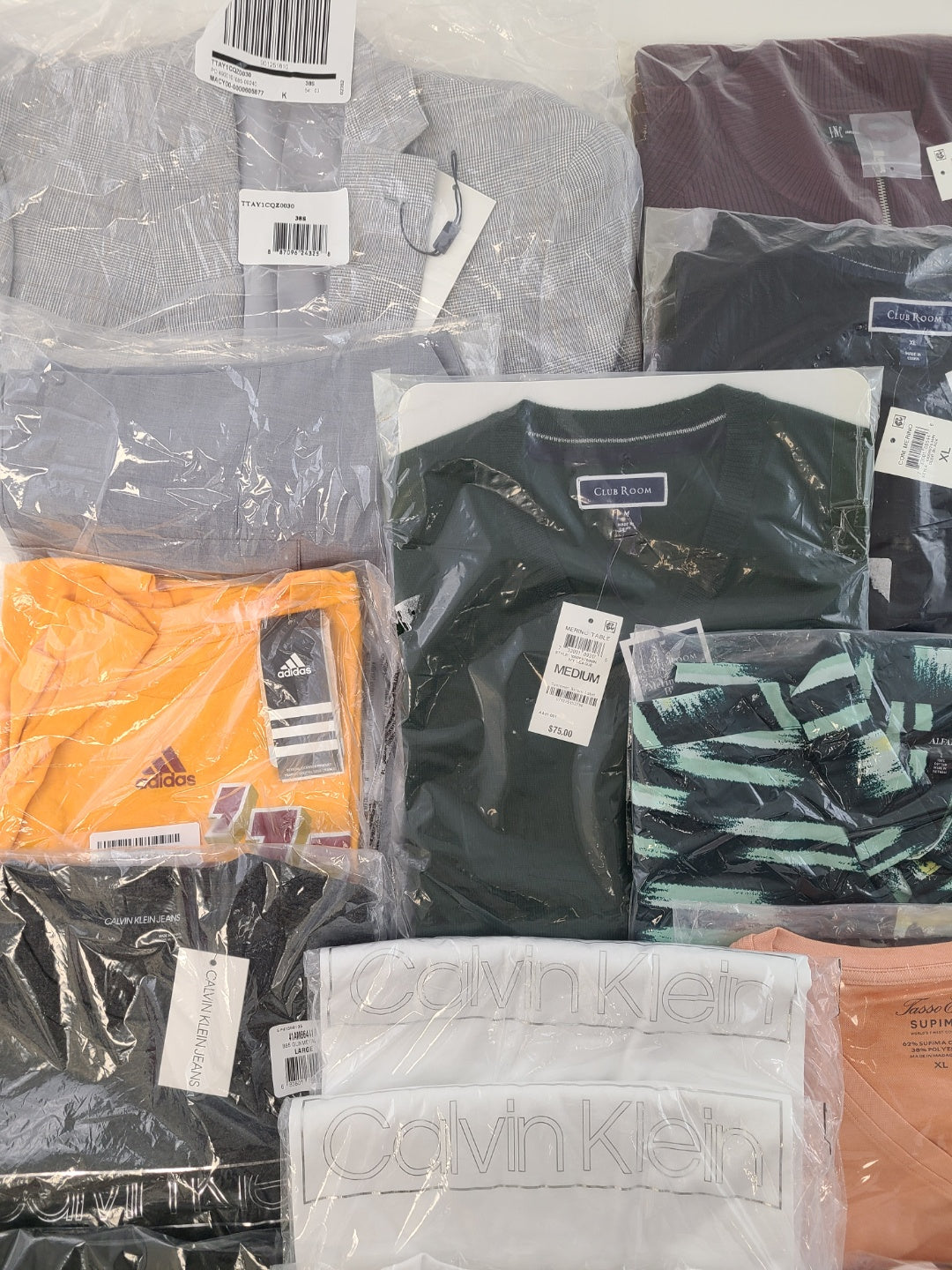 Men's Clothing Wholesale Lot Calvin Klein, Adidas, Tasso Elba, Alfani, INC, Club Room and more, 25 Units, New, MSRP $1,551.49