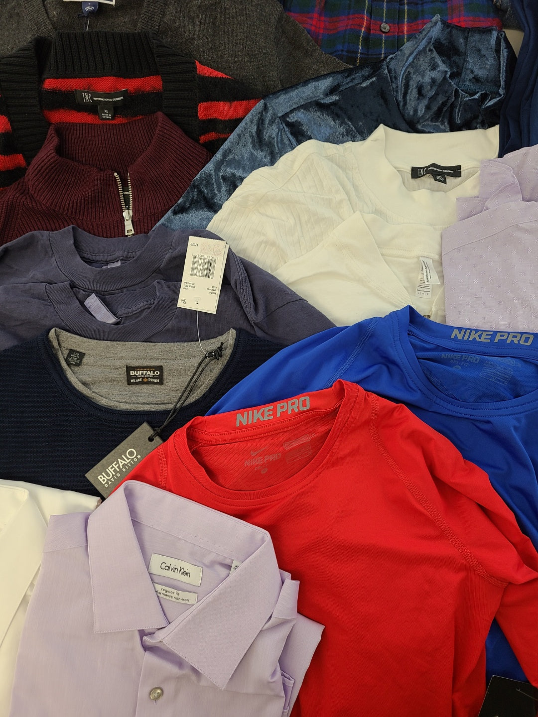 Men's Clothing Wholesale Lot Tommy Hilfiger, Calvin Klein, Nike, Buffalo Jeans, Vince Camuto, American Apparel, Alfani, Club Room, and more, 25 Units, Shelf Pulls, MSRP $1,635.00