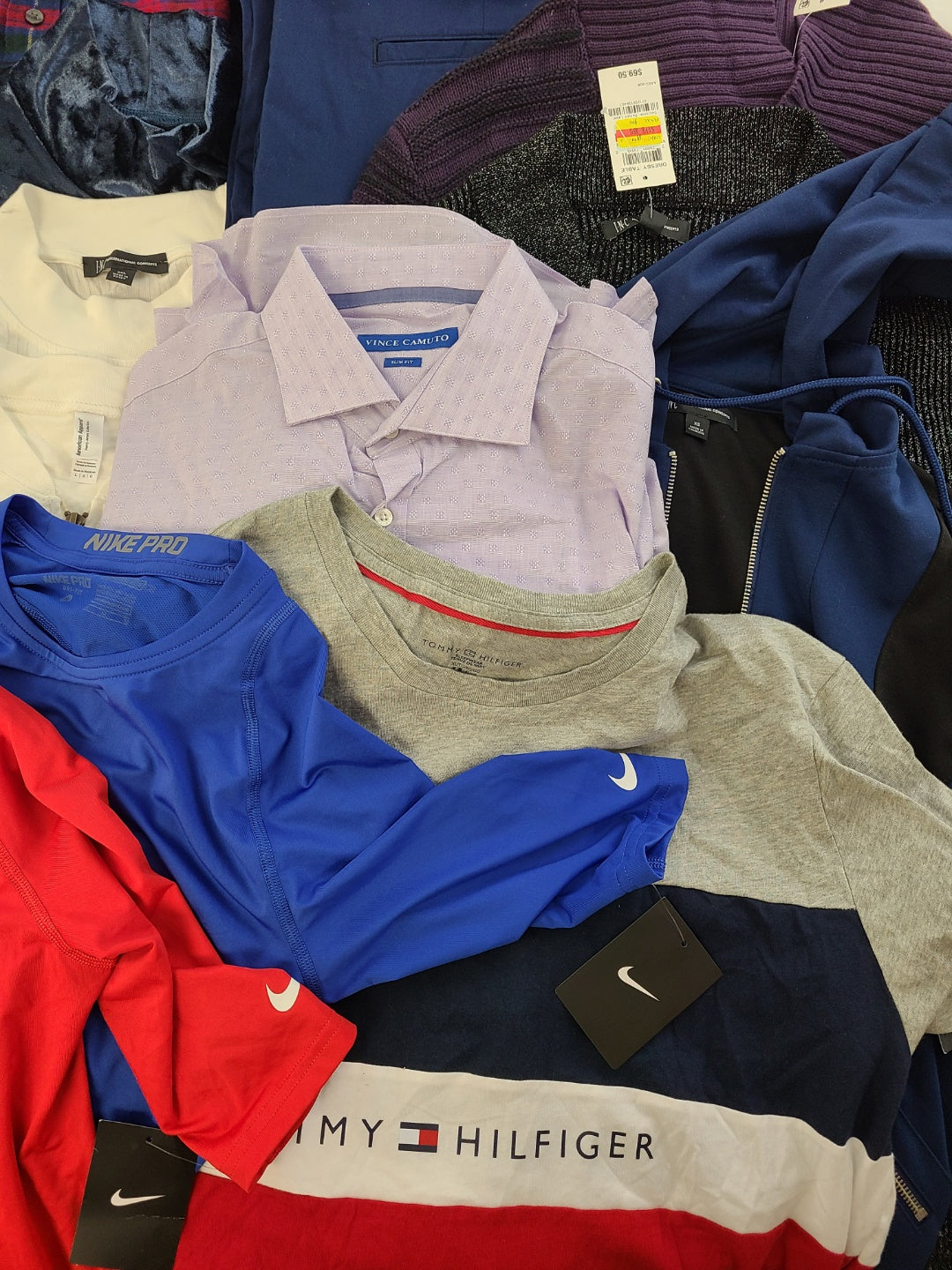 Men's Clothing Wholesale Lot Tommy Hilfiger, Calvin Klein, Nike, Buffalo Jeans, Vince Camuto, American Apparel, Alfani, Club Room, and more, 25 Units, Shelf Pulls, MSRP $1,635.00