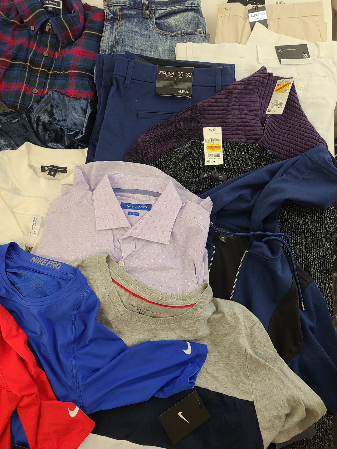 Men's Clothing Wholesale Lot Tommy Hilfiger, Calvin Klein, Nike, Buffalo Jeans, Vince Camuto, American Apparel, Alfani, Club Room, and more, 25 Units, Shelf Pulls, MSRP $1,635.00