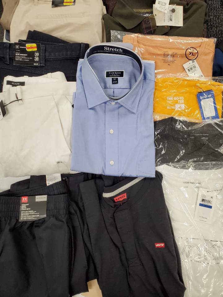 Men's Clothing Wholesale Lot Adidas, Calvin klein, levis, Under Armour, BarBour, Tasso Elba, Alfani, INC and more, 23 Units, Shelf Pulls, MSRP $1,518.98