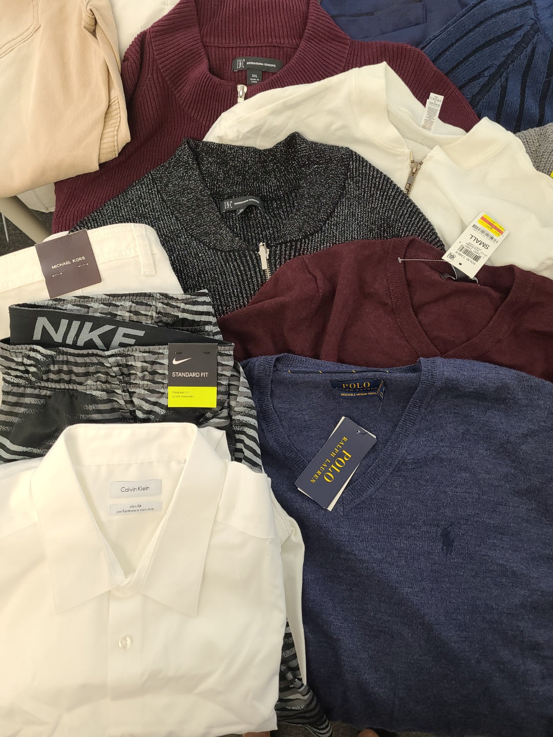 Men's Clothing Wholesale Lot Michael Kors, Polo Ralph Lauren, Calvin Klein, Nike, Tasso Elba, American Apparel, Club Room, INC and more, 25 Units, Shelf Pulls, MSRP $1,752.50